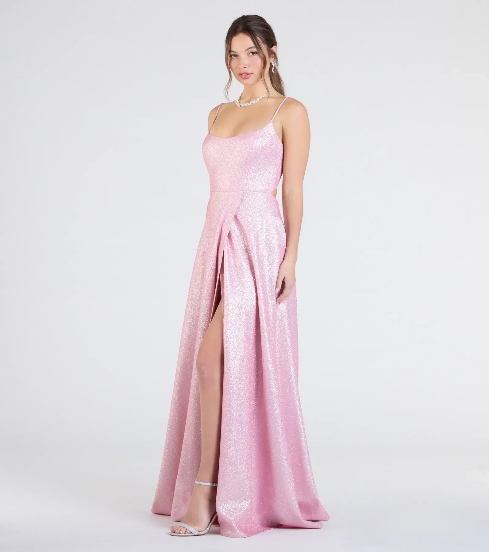 Minka Lace-Up Slit A-Line Glitter Formal Dress