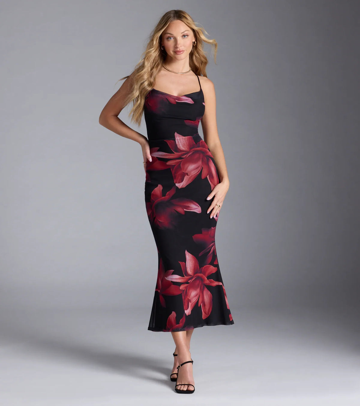 Captivating Floral Mesh Lace-Up Midi Dress