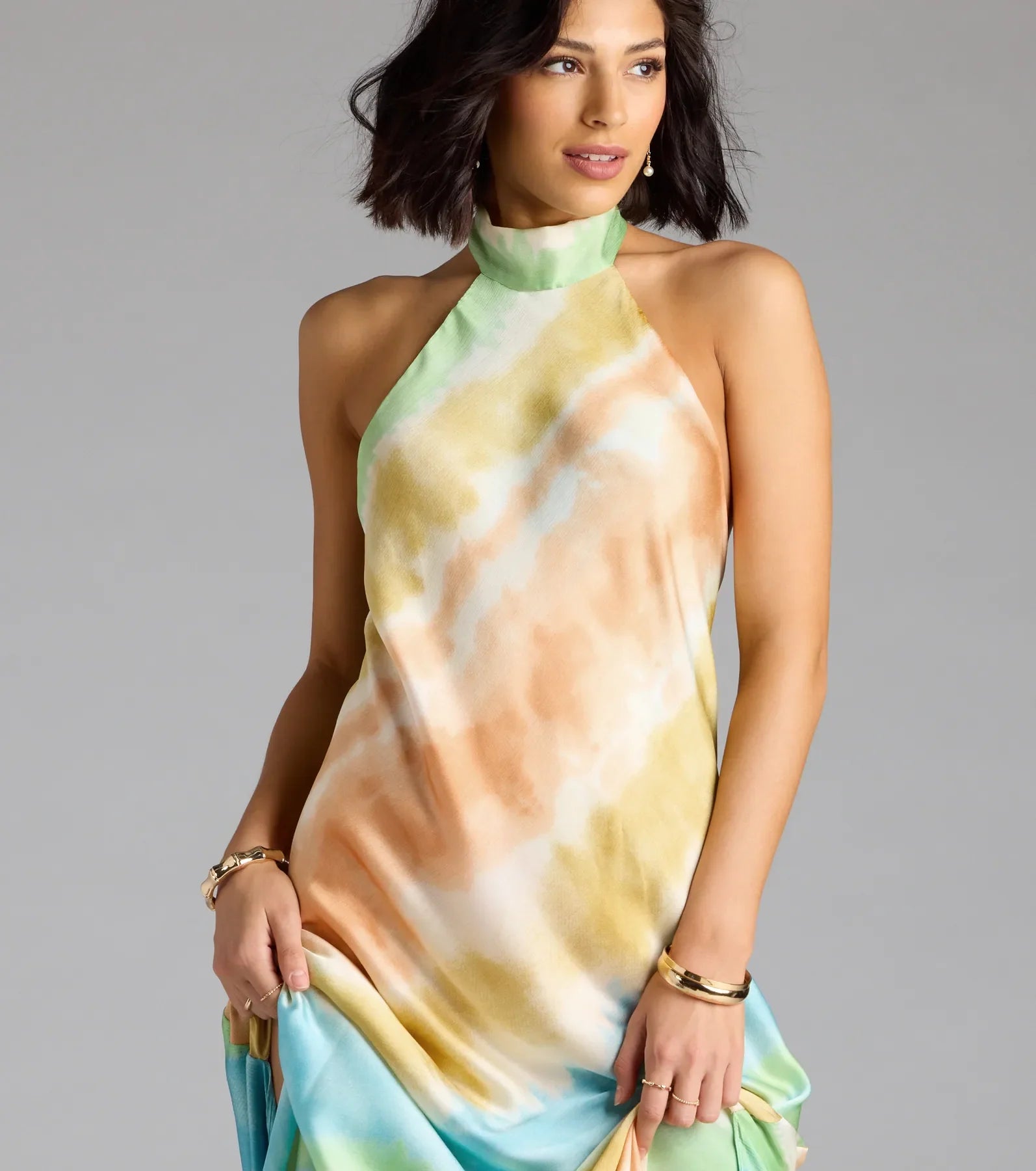 True Colors Open Back Abstract Satin Maxi Dress