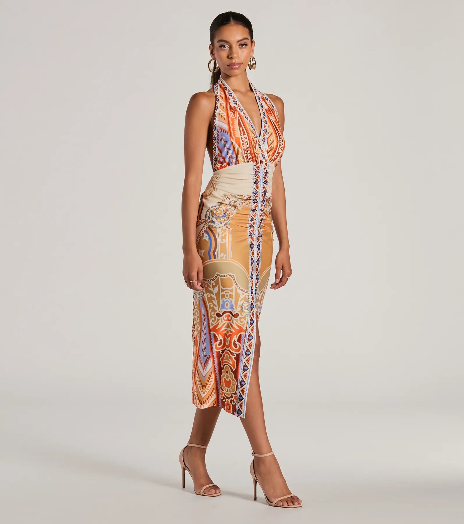 Vibrant Side Geometric Print Bodycon Midi Dress