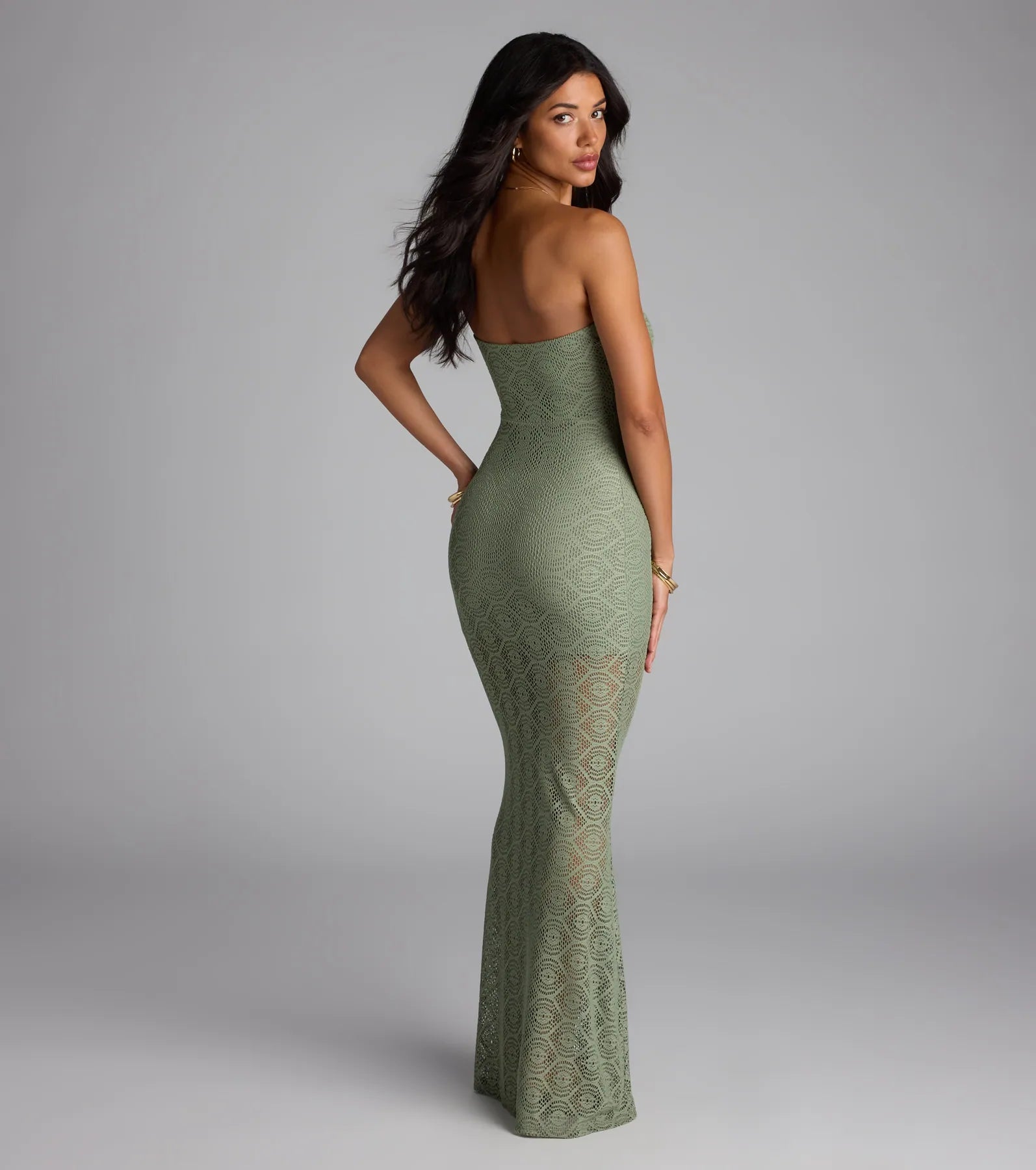 Wanting More Strapless Lace Knit Maxi Dress