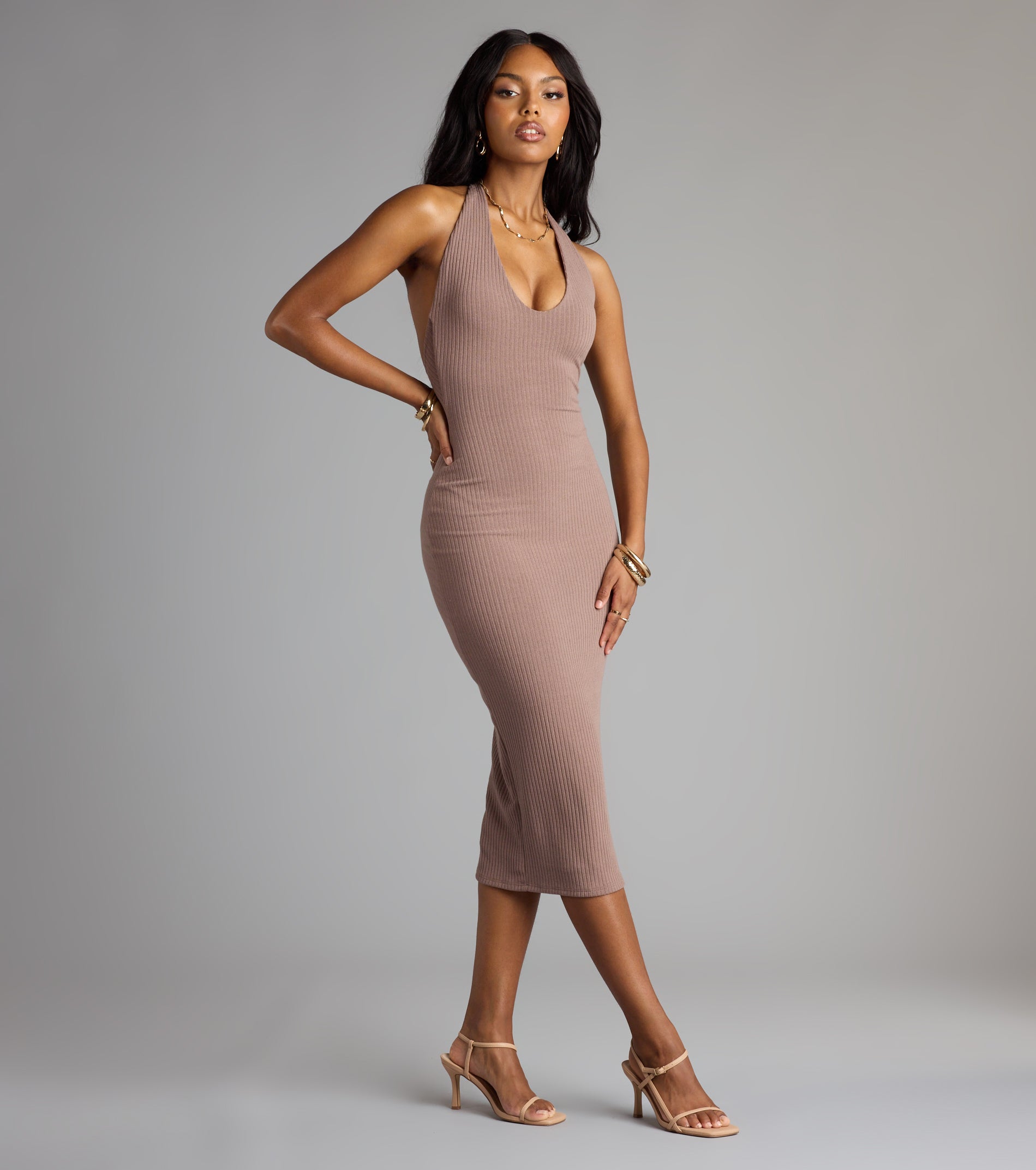 Chic Cutie Ribbed Knit Halter Midi Dress