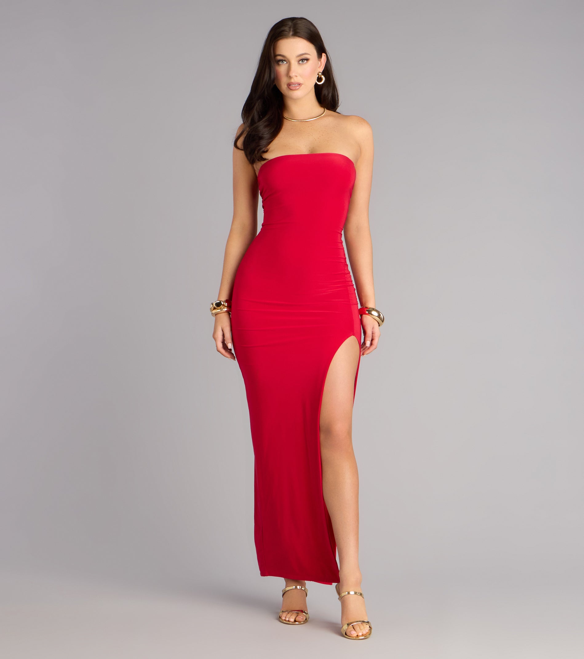 Sleek Fit Strapless High Slit Maxi Dress