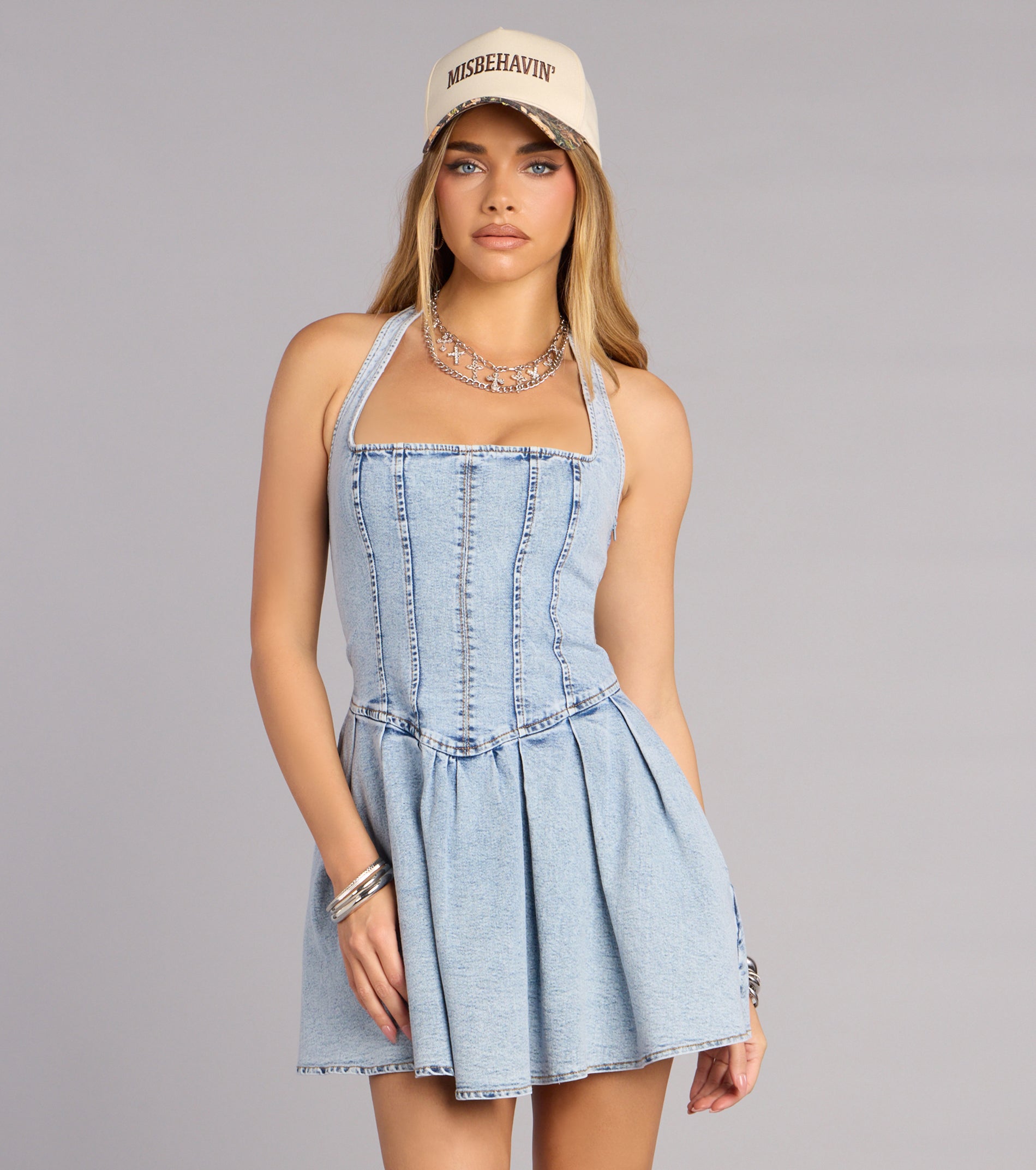 Darling Charm Halter Pleated Denim Skater Dress