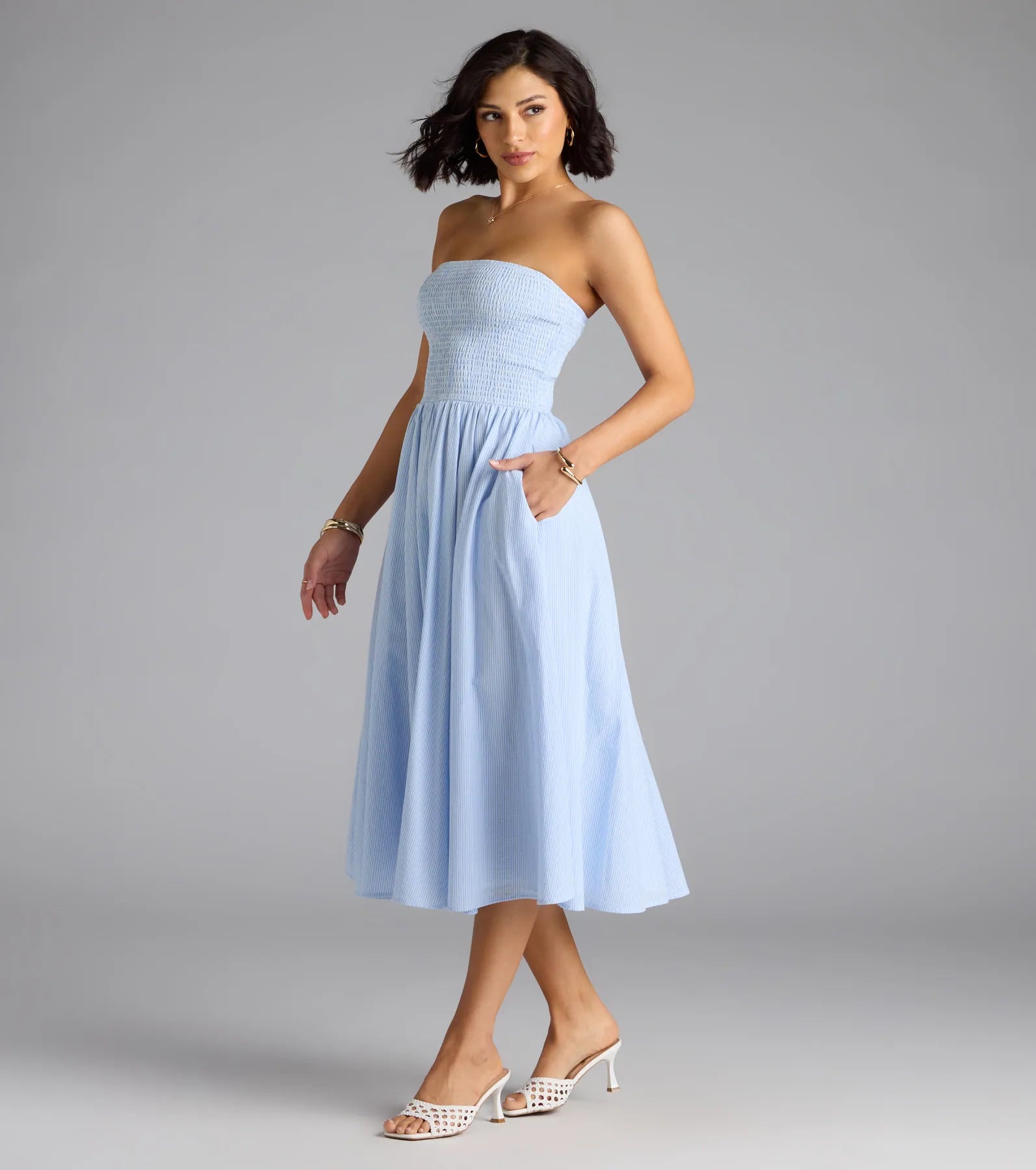 Breeze By Strapless Striped A-Line Midi Dress