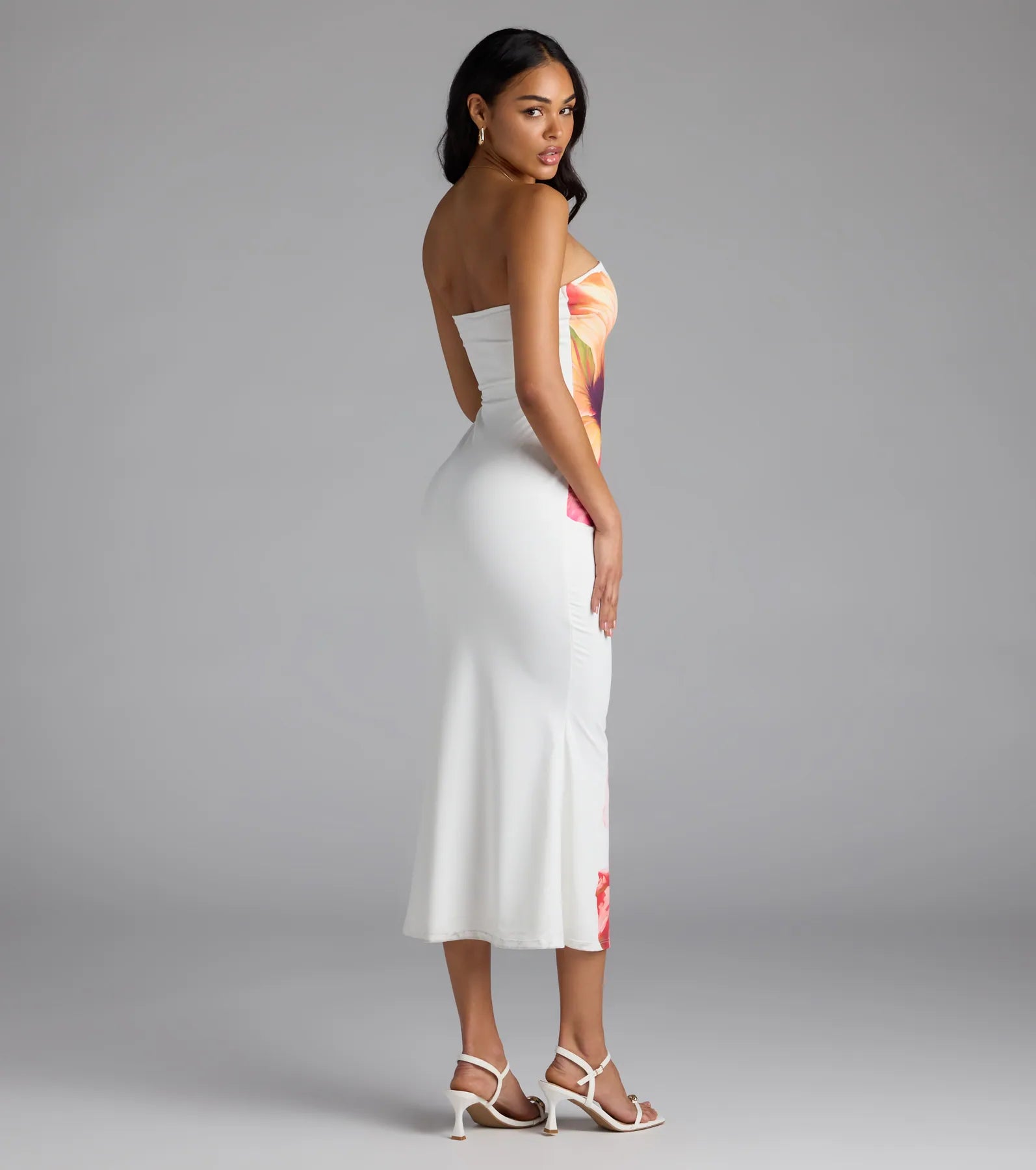 Set For Vacay Tropical Floral Strapless Midi Dress