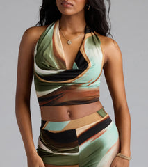 Sultry Effect Abstract Cowl Halter Crop Top