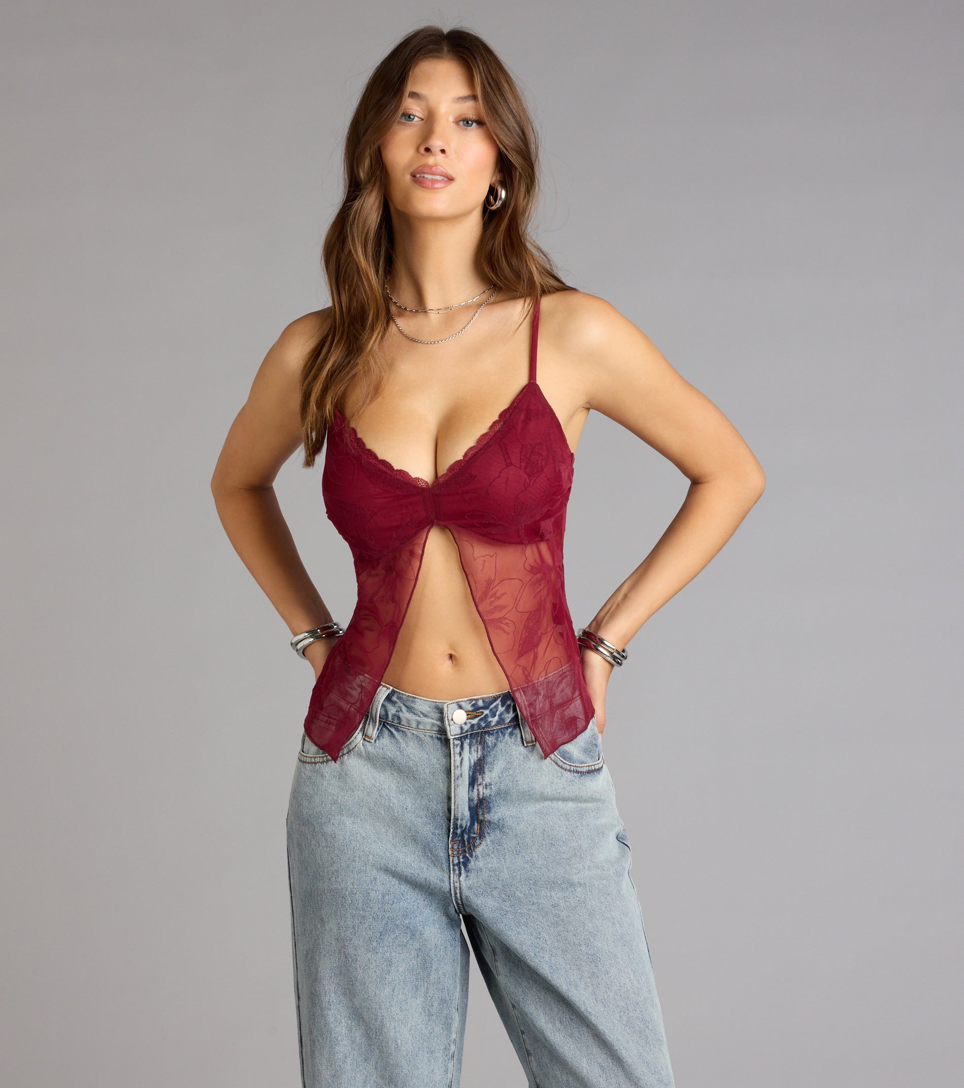 Delicate Dreams Lace Trim Floral Slit Crop Top