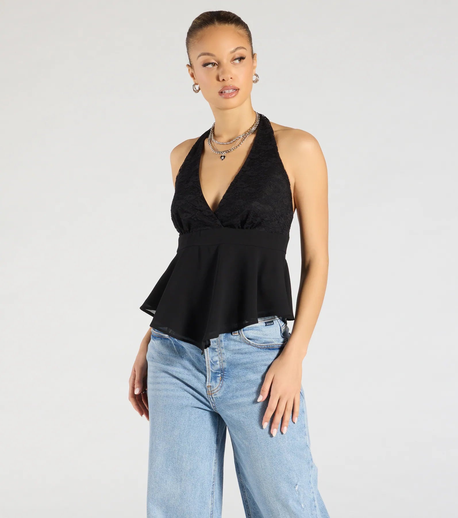 Chic Flowy Lace Chiffon Halter Top