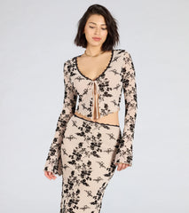 Flirt Alert Flocked Floral Mesh Tie-Front Top