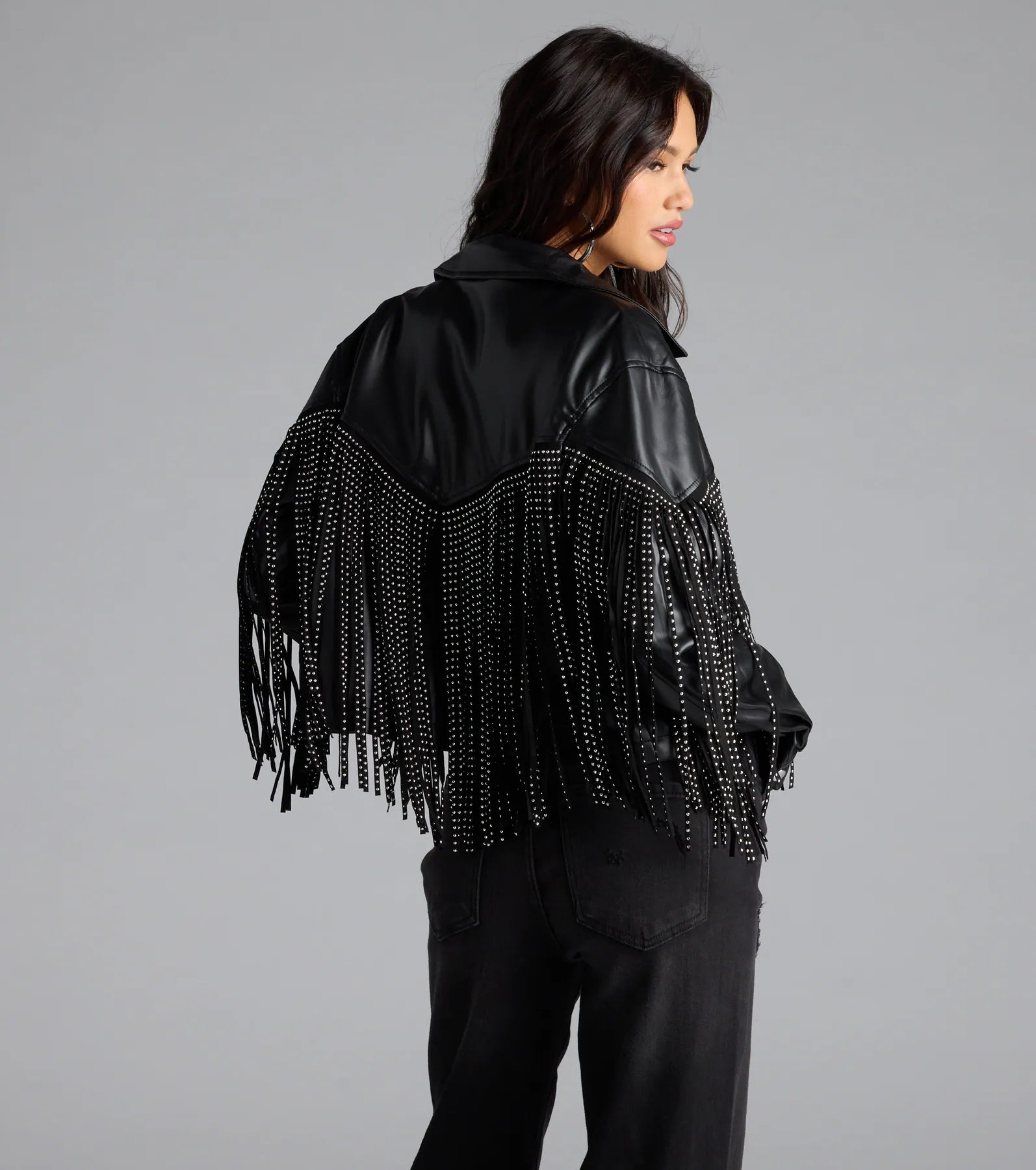 Cause A Scene Stud Fringe Faux Leather Shacket