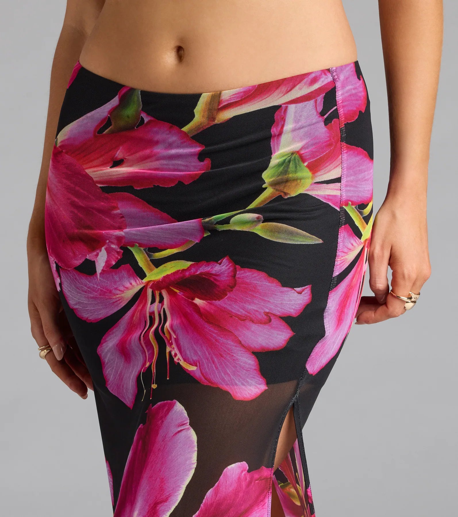 Vacay Queen Tropical Floral Mesh Maxi Skirt