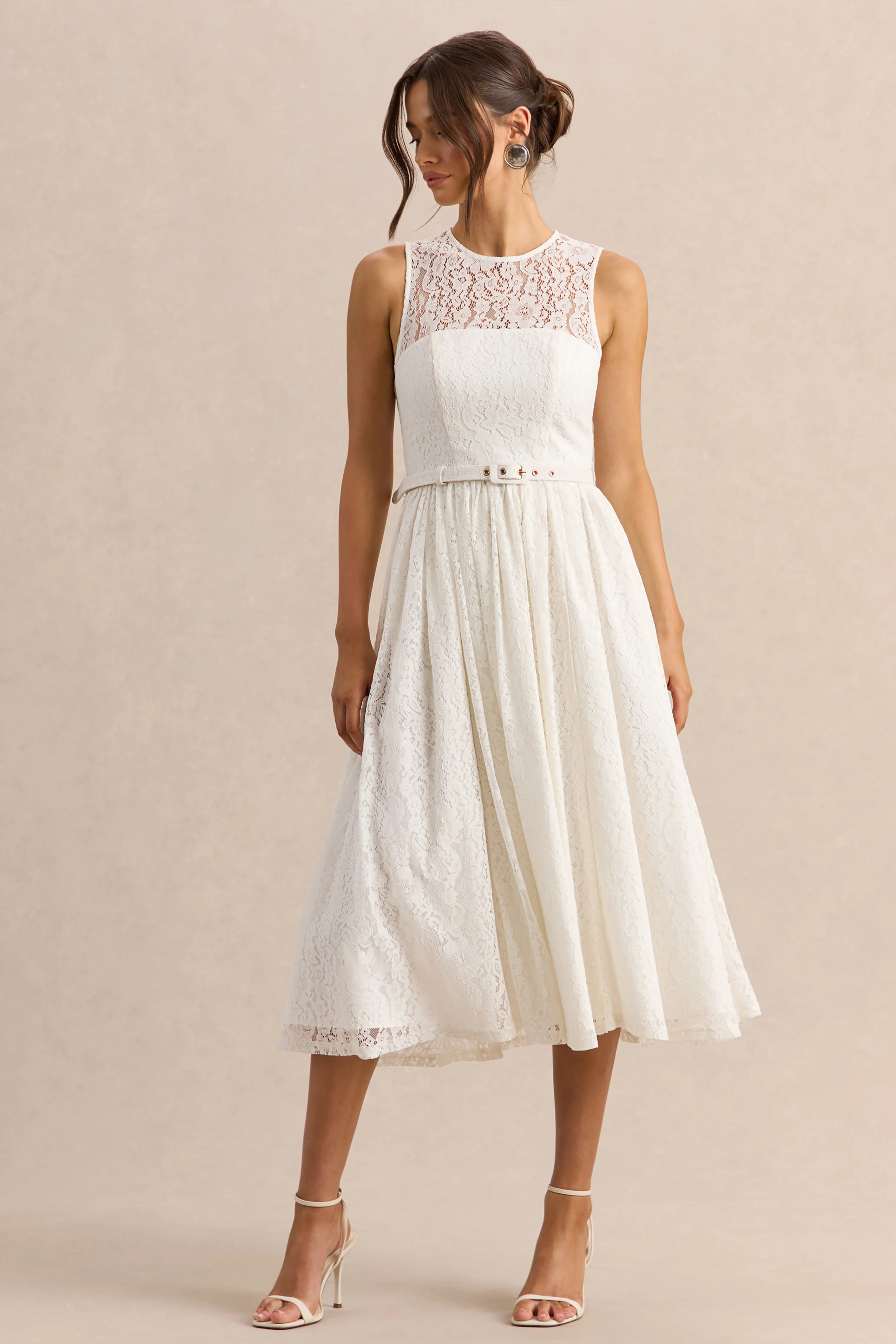 Anabella | White Lace Crew-Neck Belted Midi-Dress