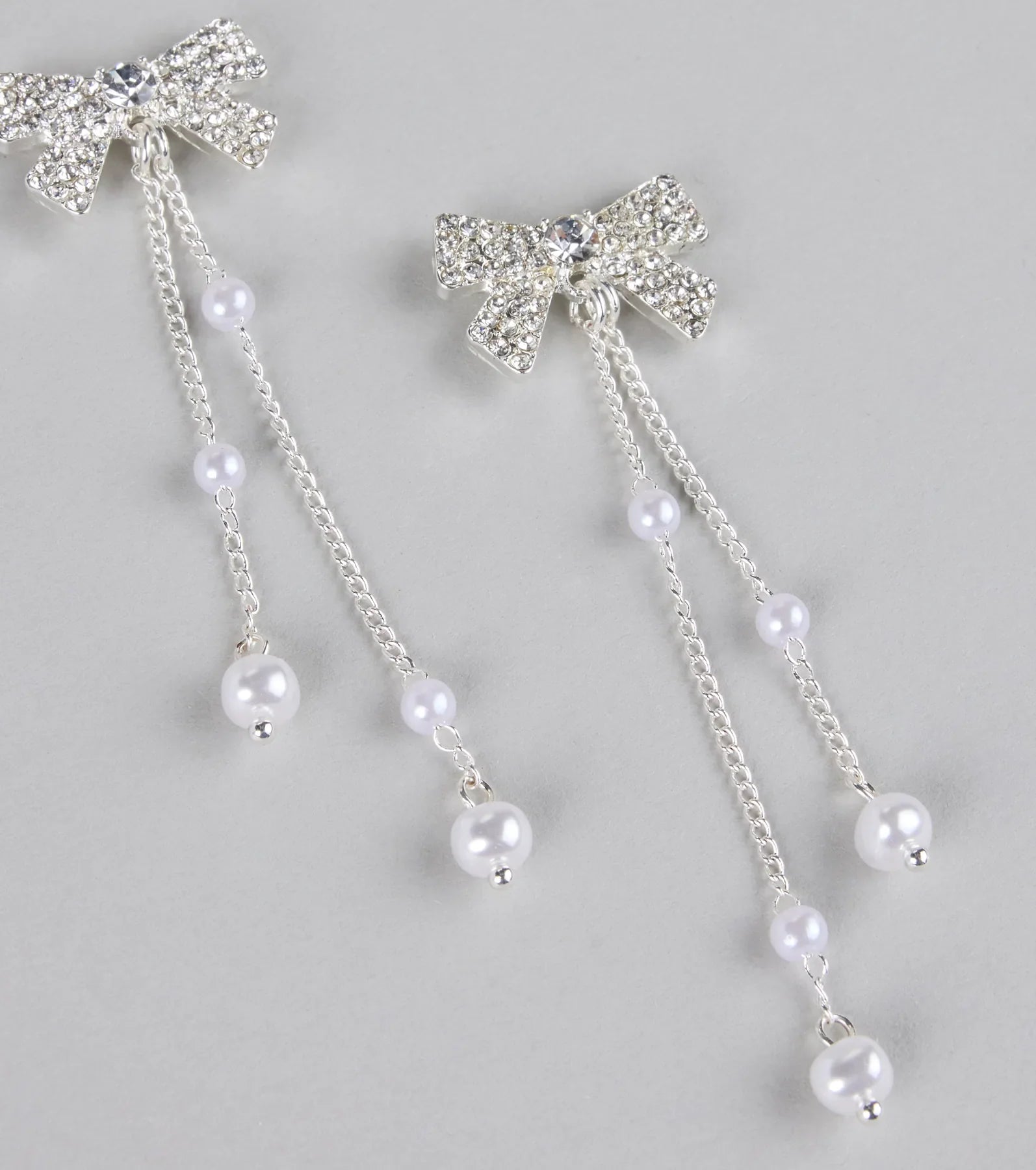 Darling Drama Rhinestone Bow Pearl Drop Earrings