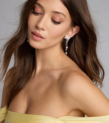 Darling Drama Rhinestone Bow Pearl Drop Earrings