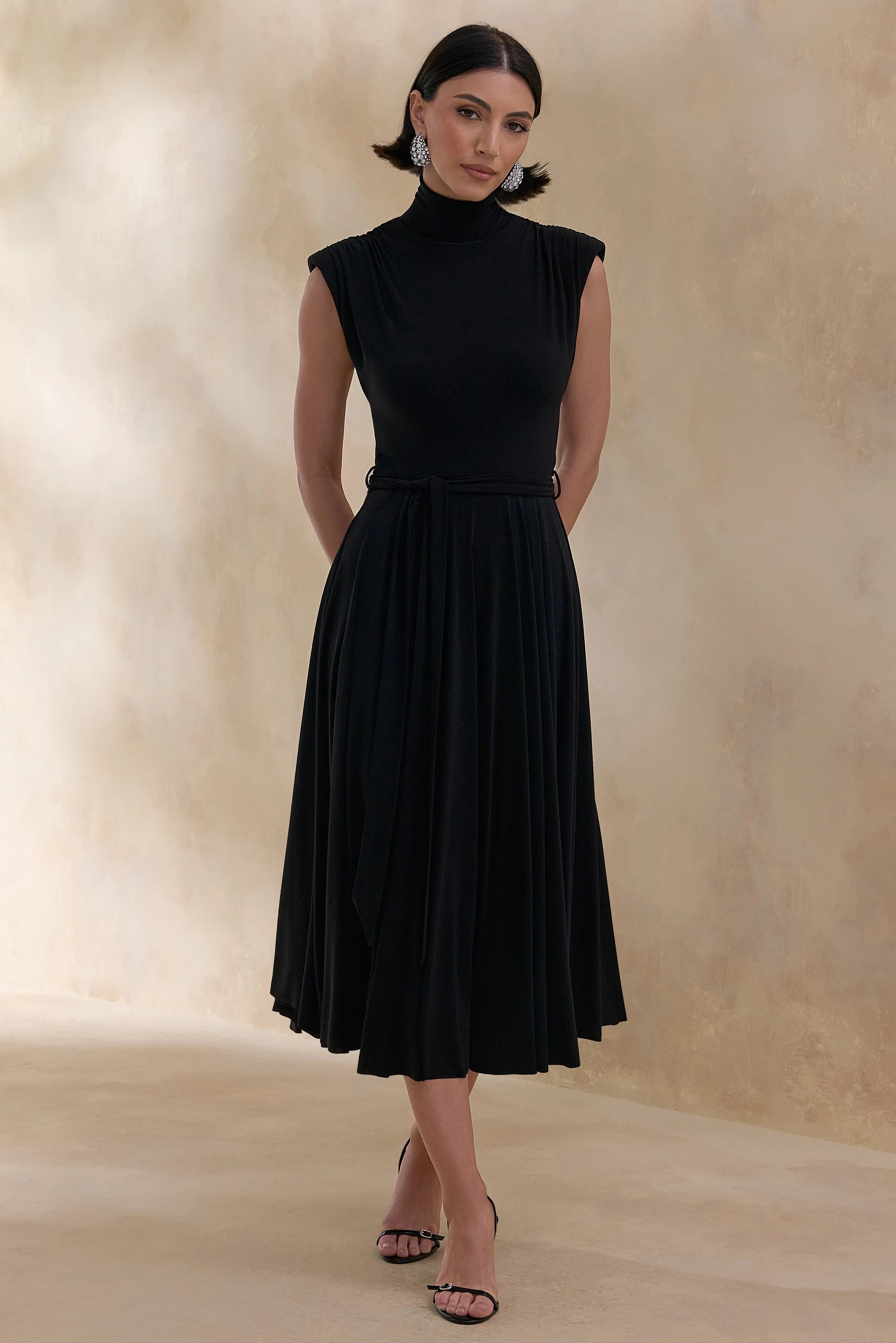 Roselena | Black High-Neck Midi Dress