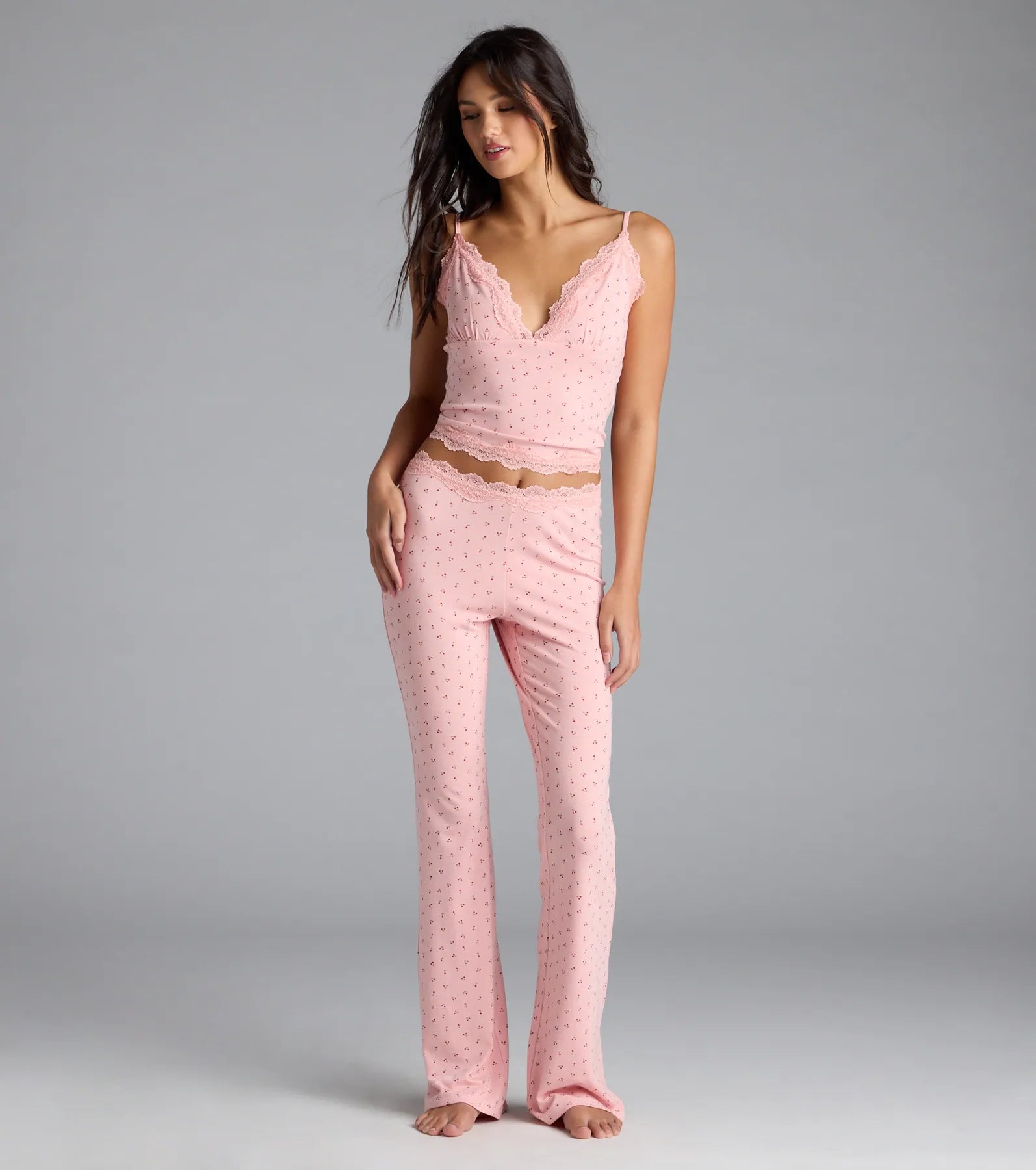 Sweet As Cherries Lace Trim Pajama Top