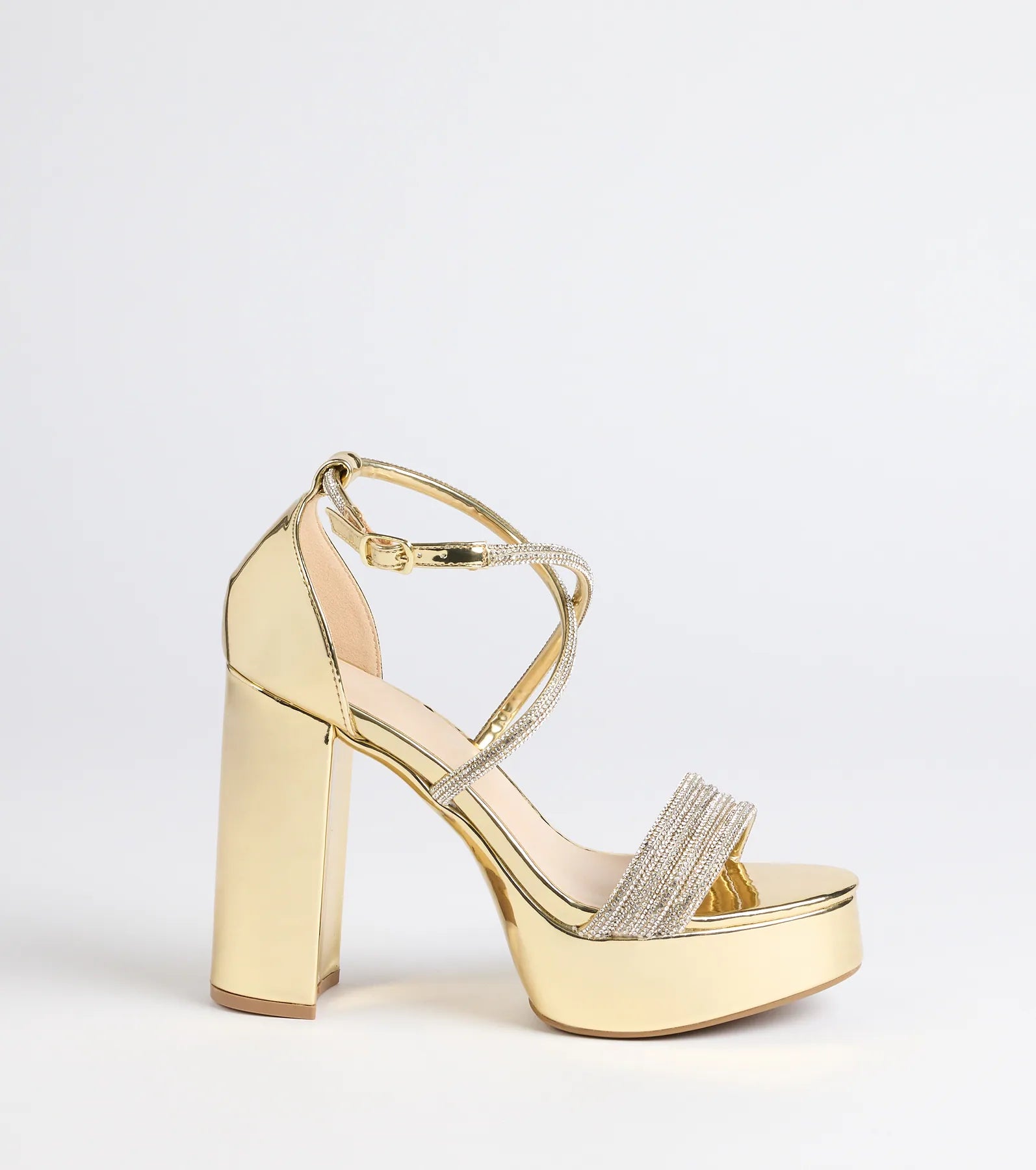 Glam Sheen Rhinestone Strappy Platform Heels