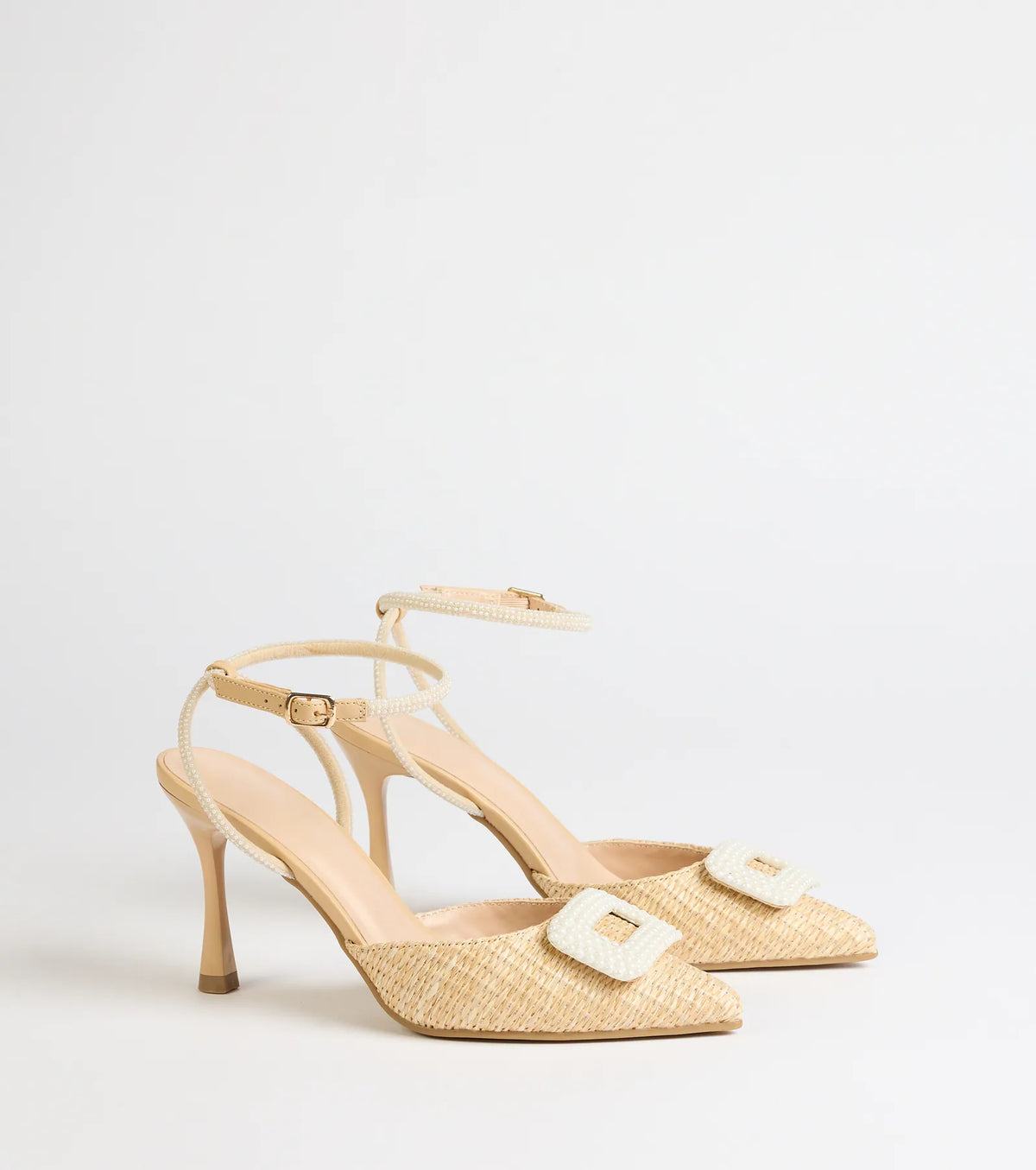 Polished Strut Faux Pearl Straw Stiletto Pumps