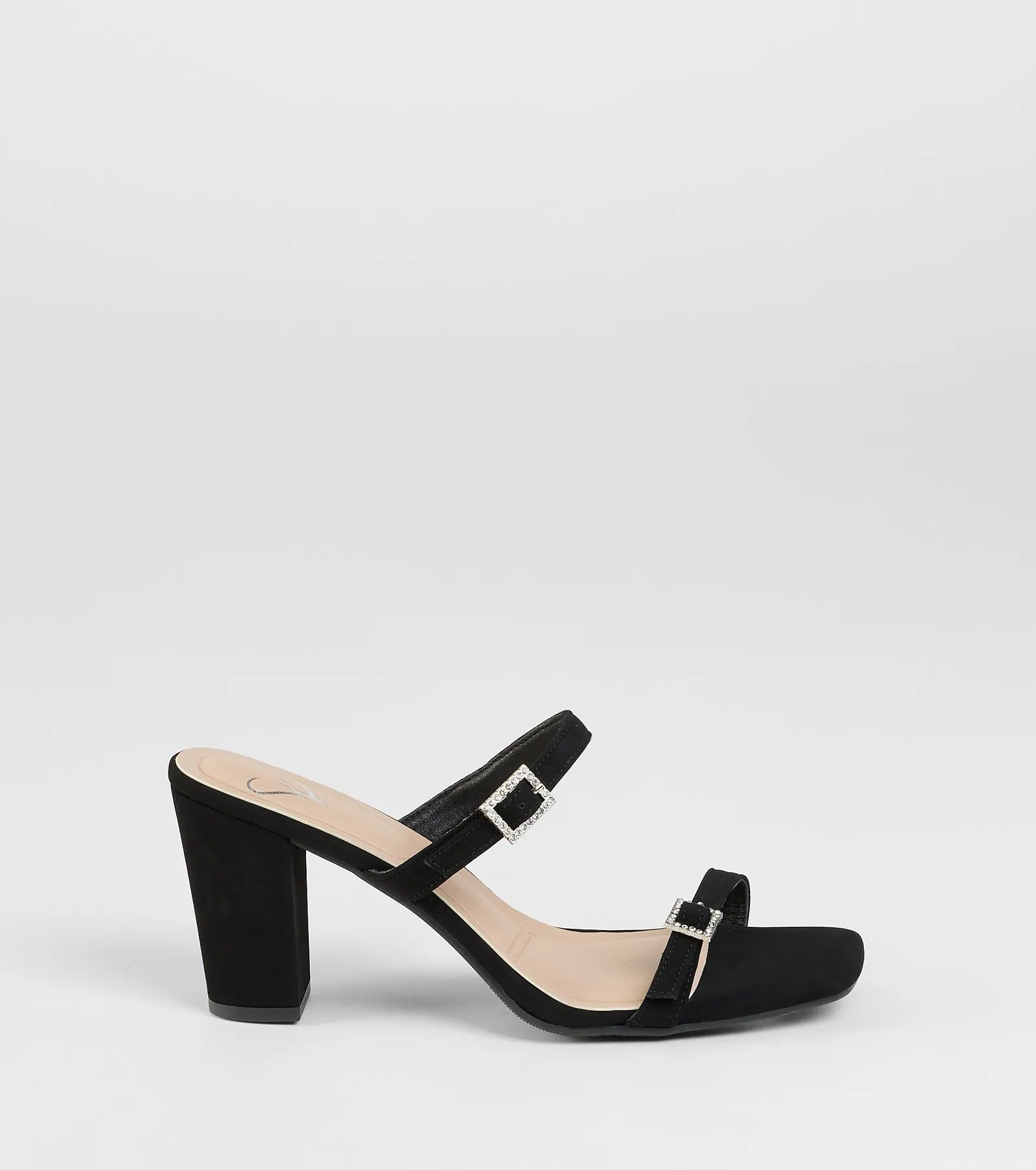 On The Down Low Rhinestone Buckle Mules