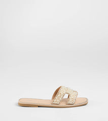 Simple Poise Faux Pearl Rhinestone Flat Sandals