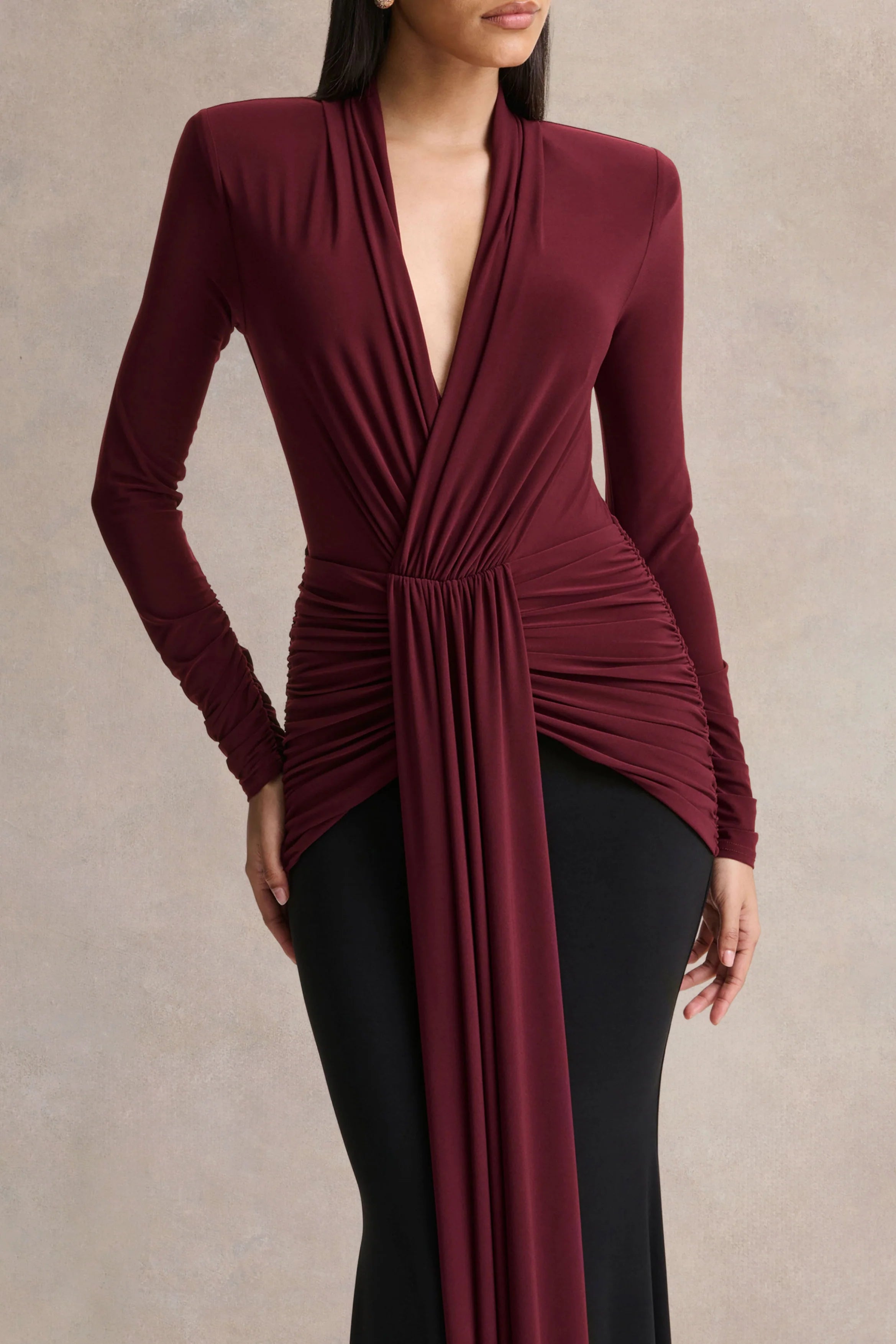 Halston | Burgundy And Black Plunge-Neck Maxi Dress With Gathered-Detailing