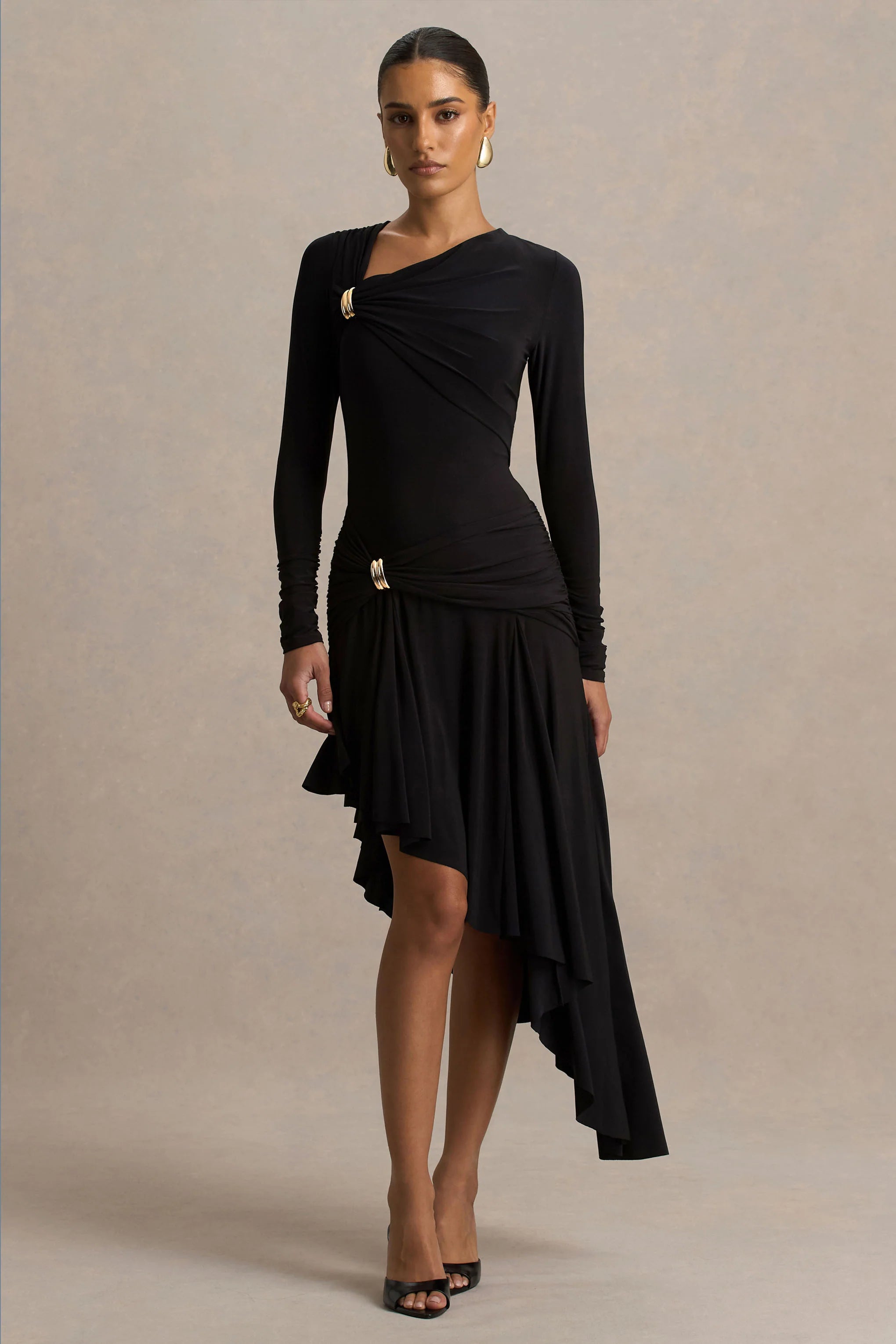 Alexia | Black Asymmetric-Neck Maxi Dress With Gold-Details