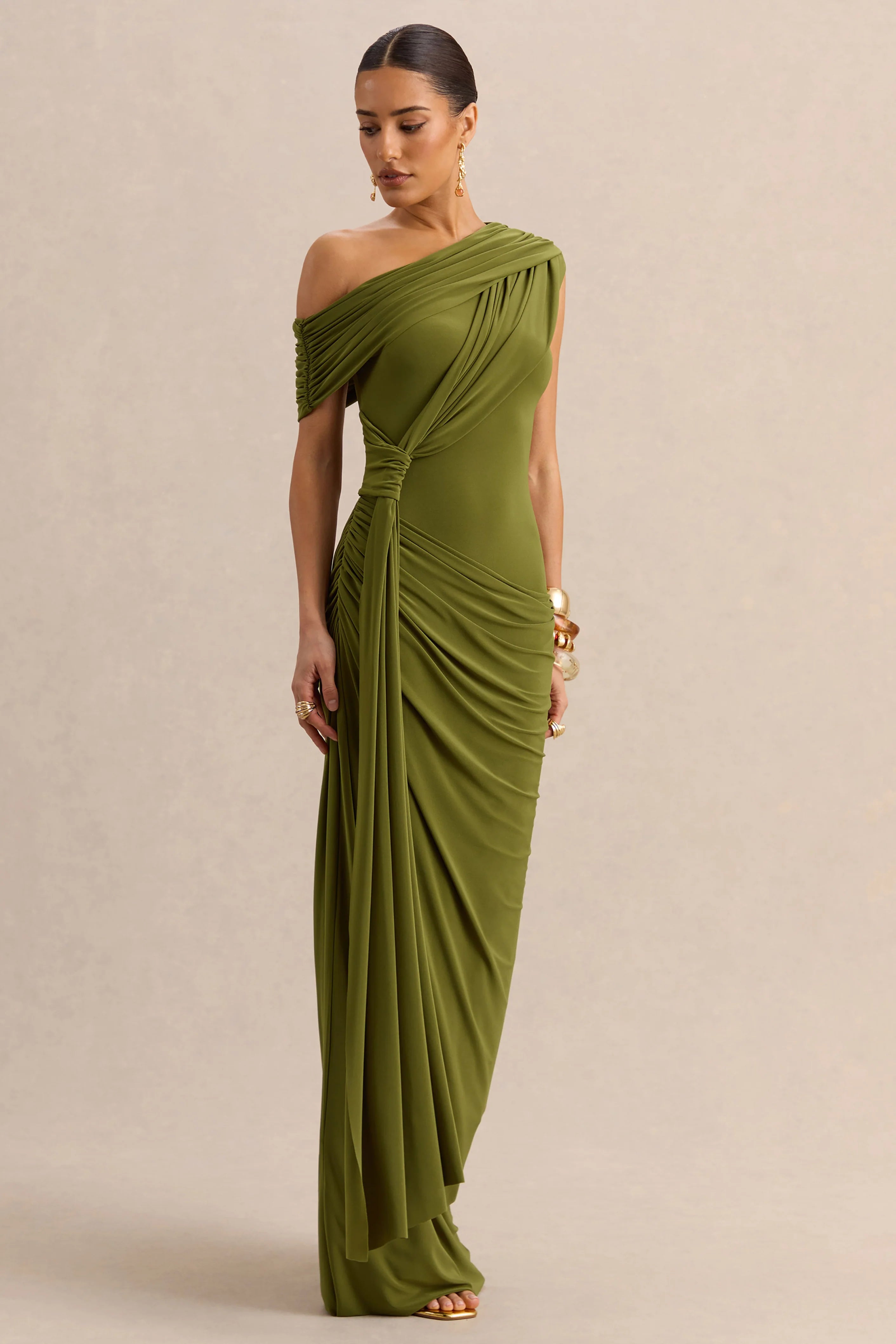 Avialee | Green Asymmetric-Neck Maxi Dress With Gathered-Detailing And Sash