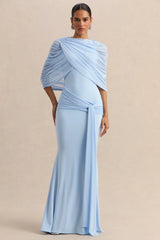 Mirene | Powder Blue Round-Neck Maxi-Dress With Gathered-Detailing And Sash