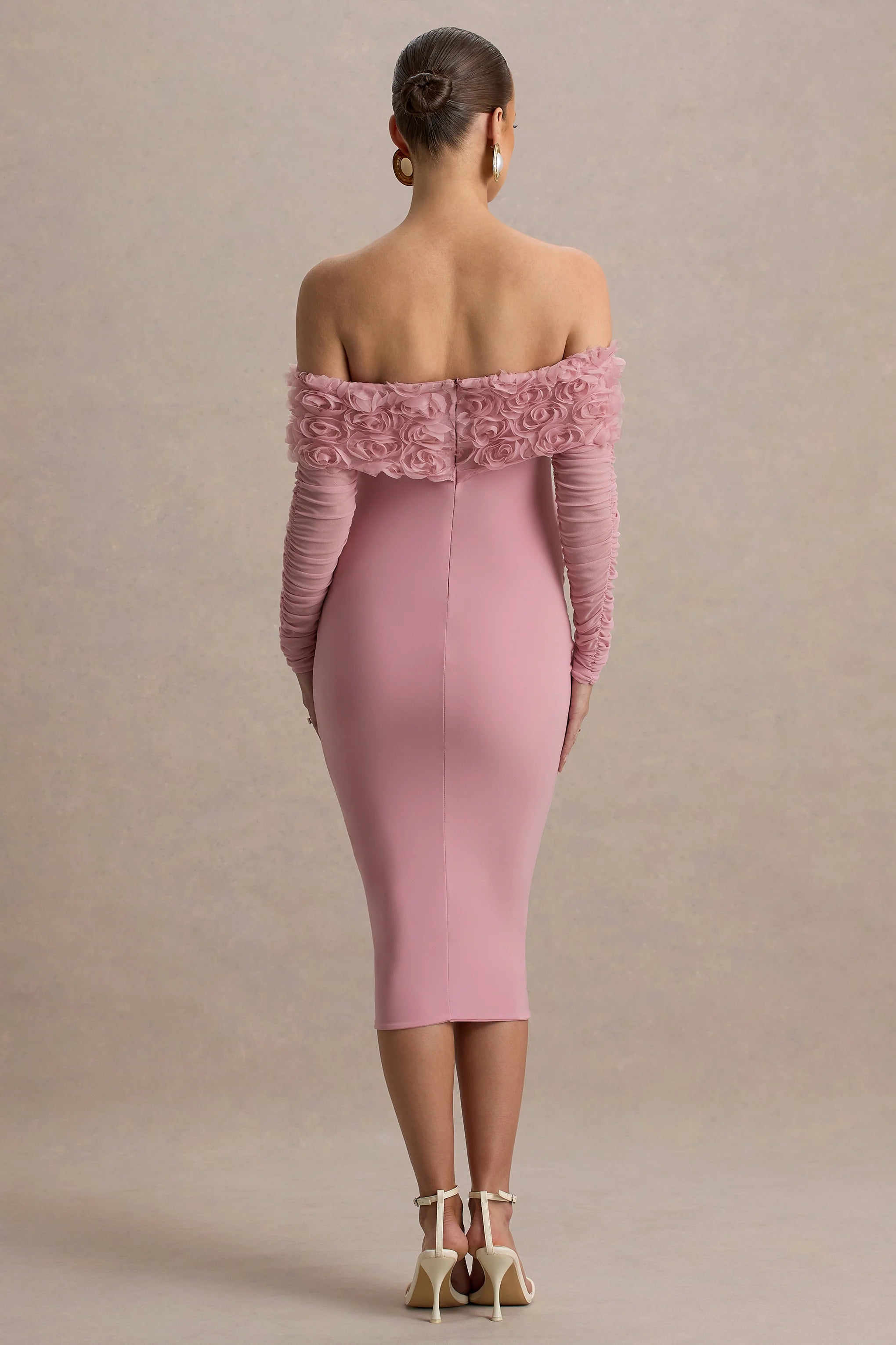Adita | Blush Pink Mesh Floral Bardot Maternity Midi Dress