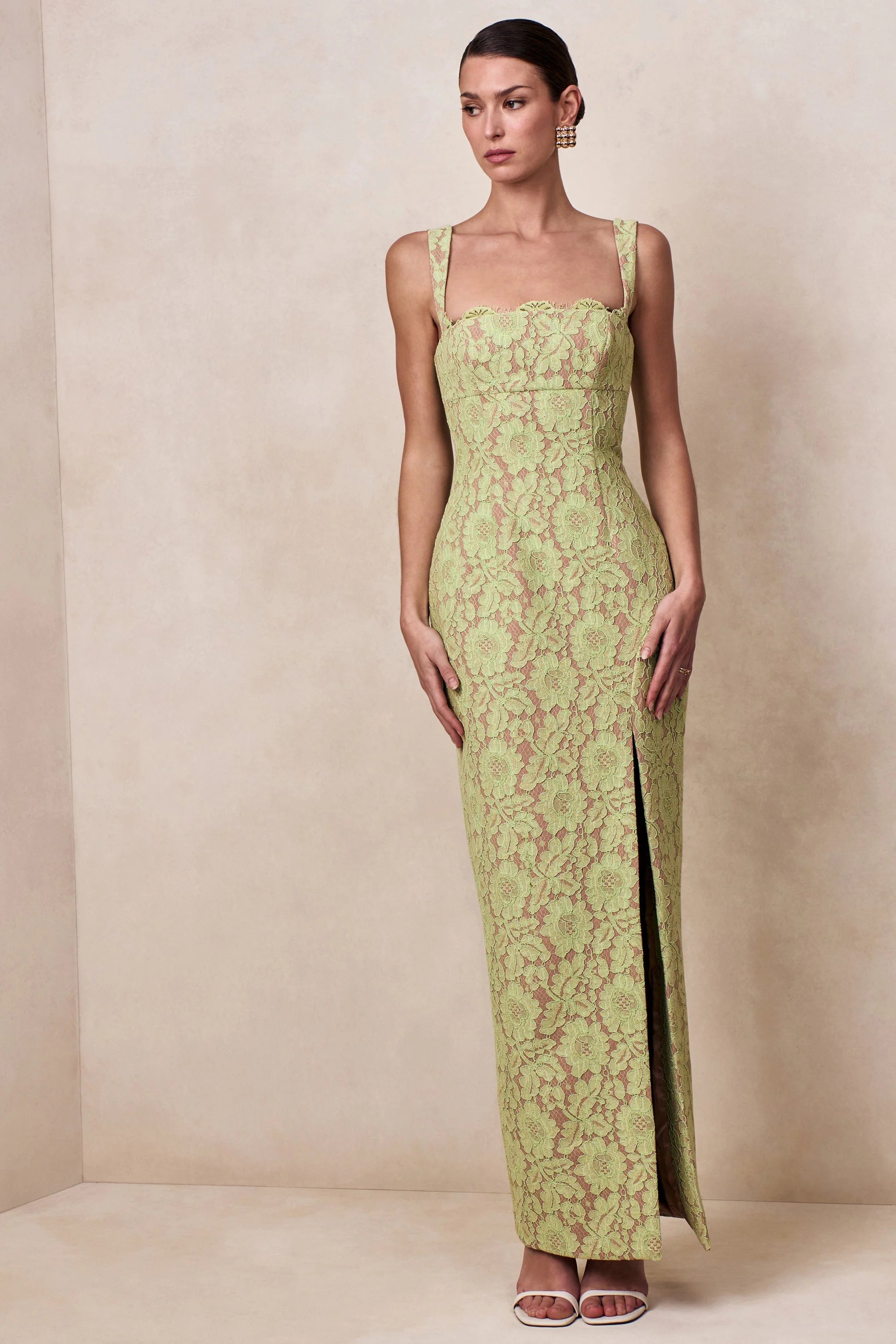 Zarisse | Green Lace Square-Neck Maxi Dress