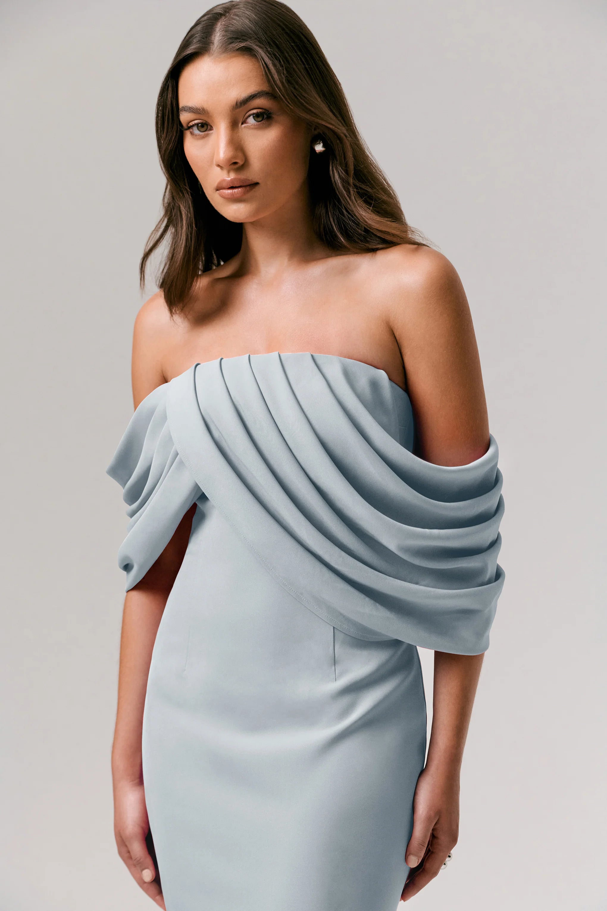 Serene | Powder Blue Draped Bardot Maxi Dress