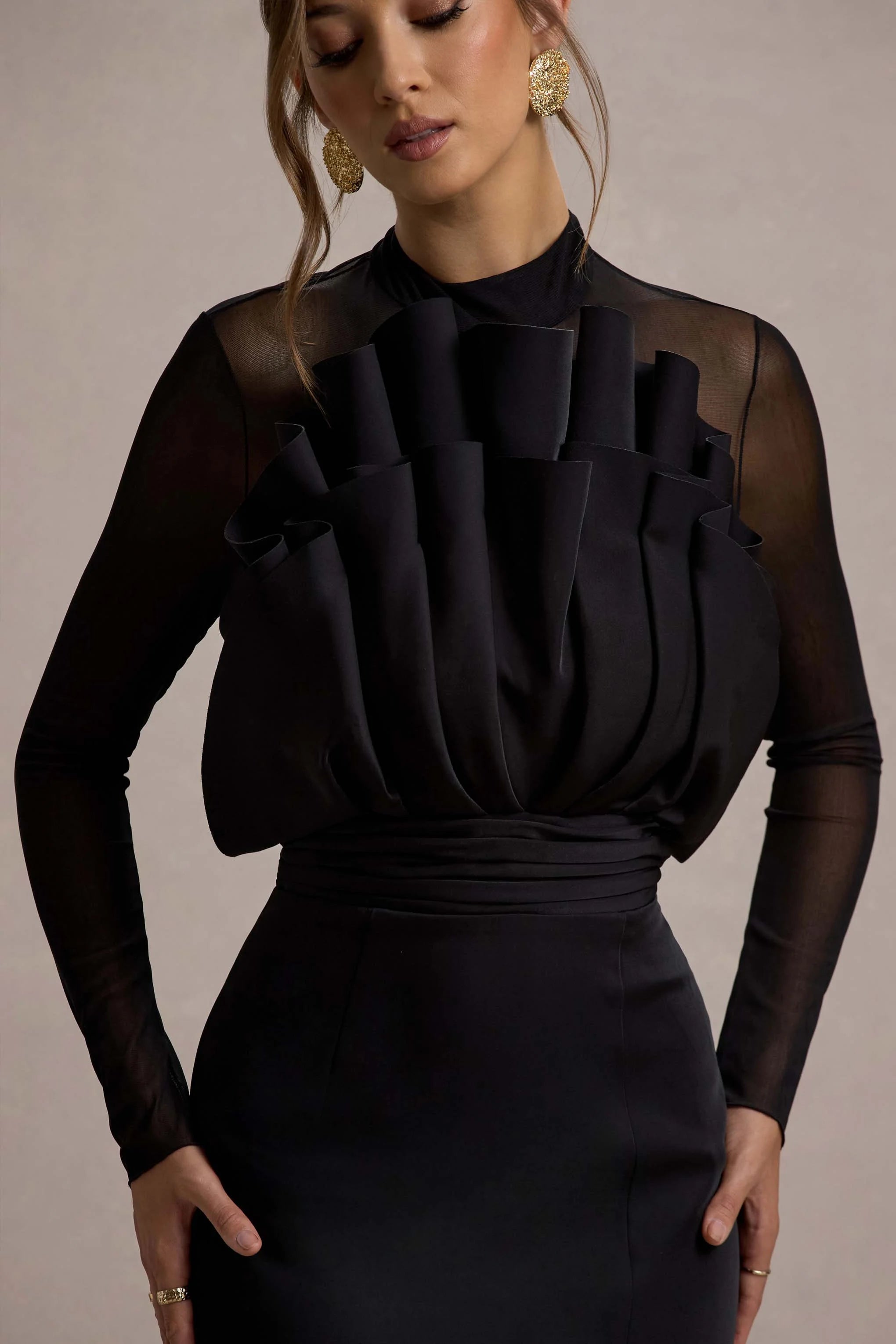 Alder | Black Mesh Long-Sleeve Ruffled Split Maxi Dress