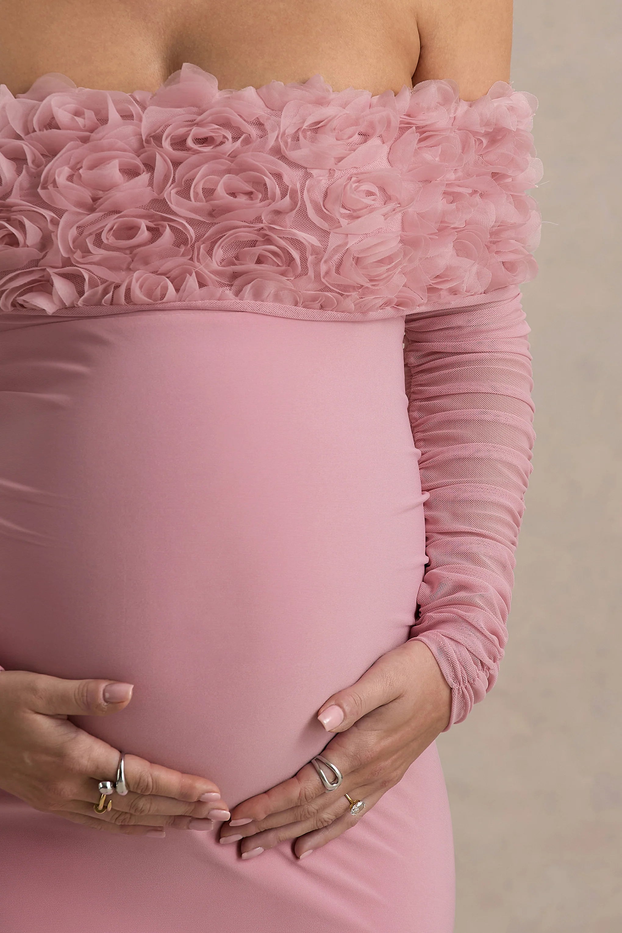 Adita | Blush Pink Mesh Floral Bardot Maternity Midi Dress