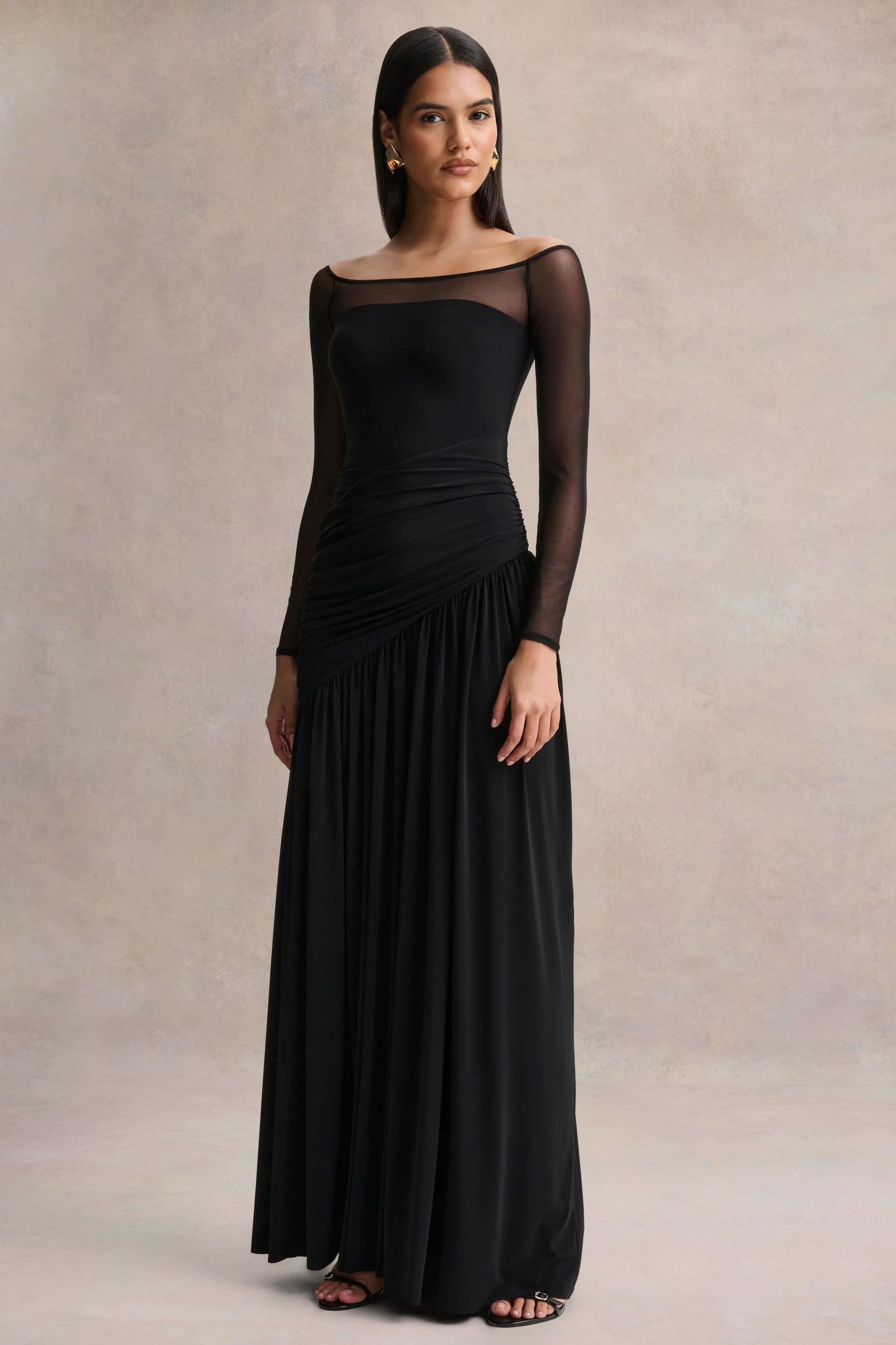 Bexley | Black Bardot-Neck Draped Maxi Dress With Long Mesh-Sleeves