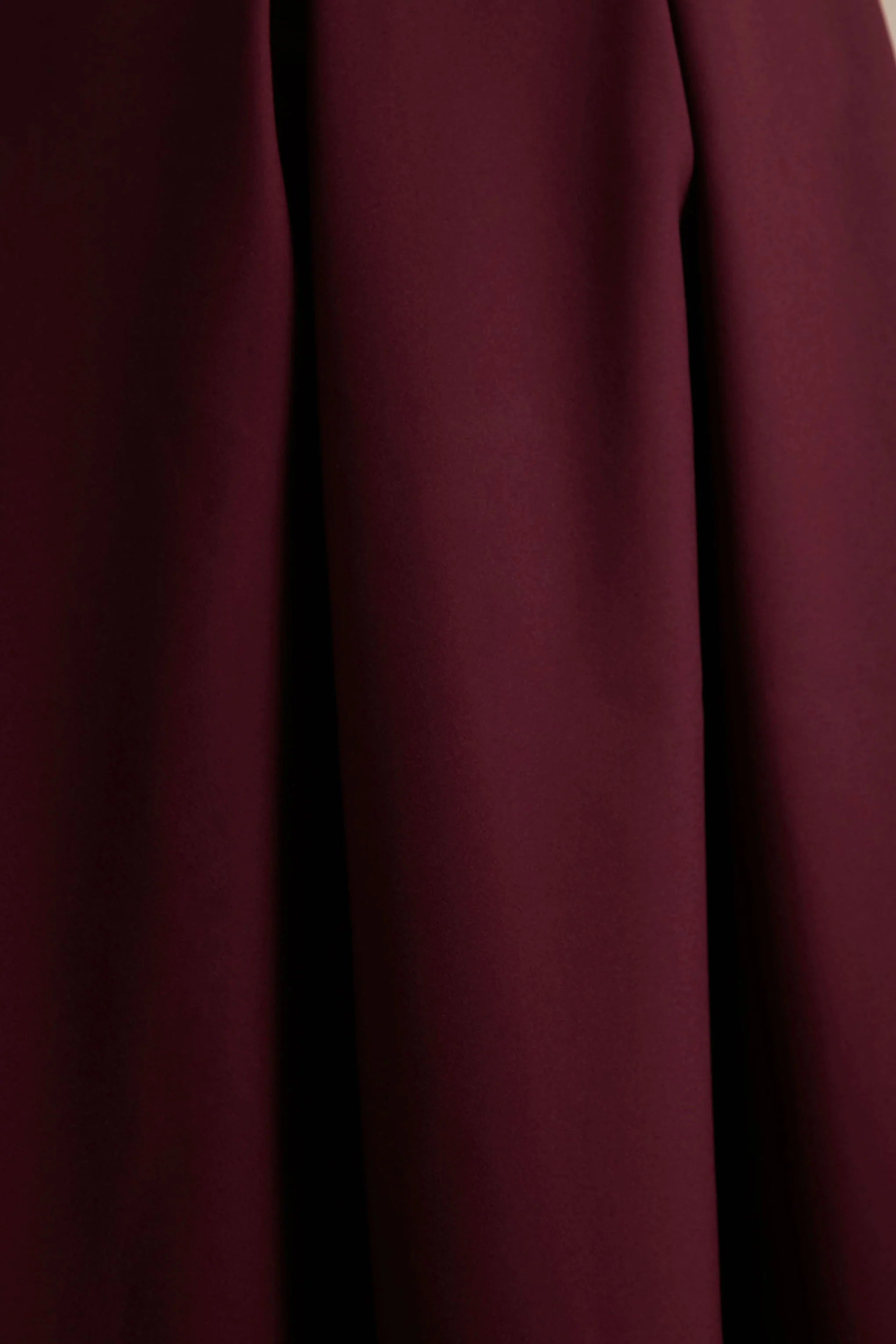 Thalia | Burgundy High-Neck Midi Dress With Sheer Mesh Cape