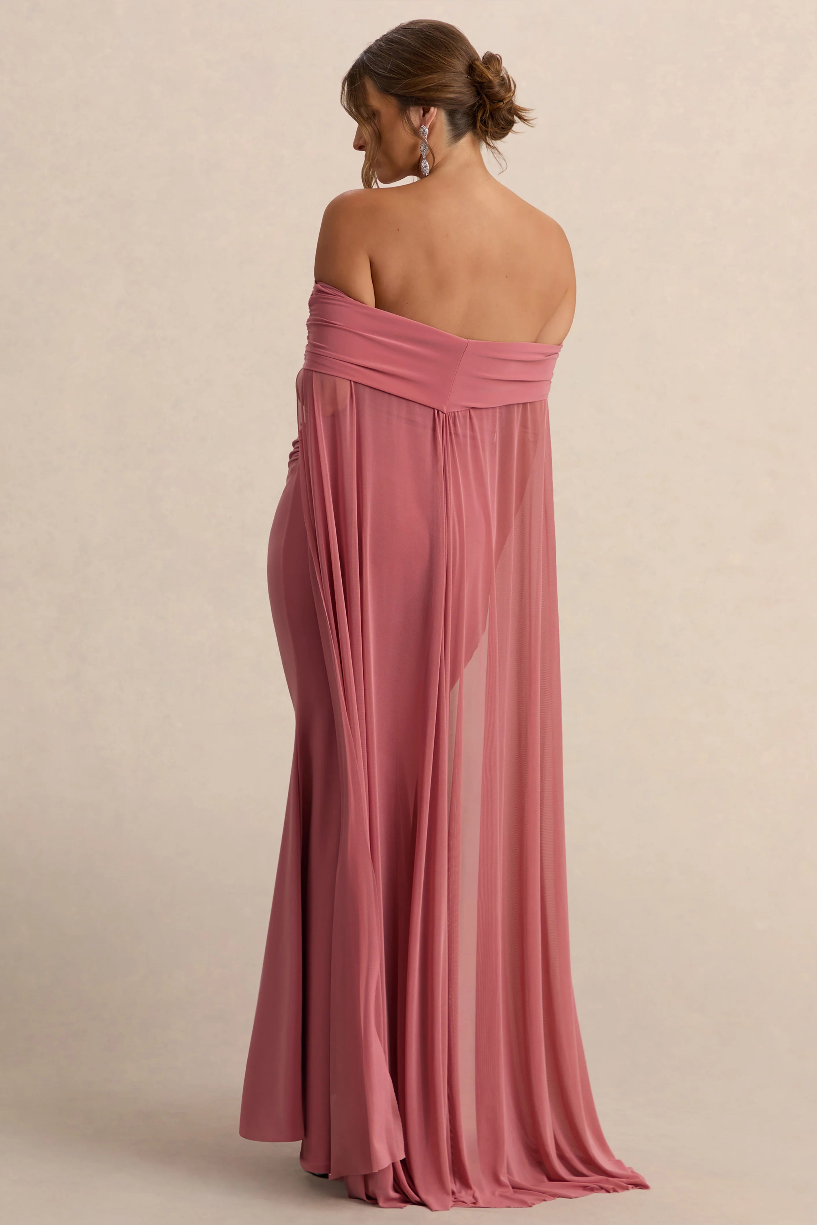 Carlotta | Blush Pink Bardot Maternity Maxi Dress With Chiffon Cape