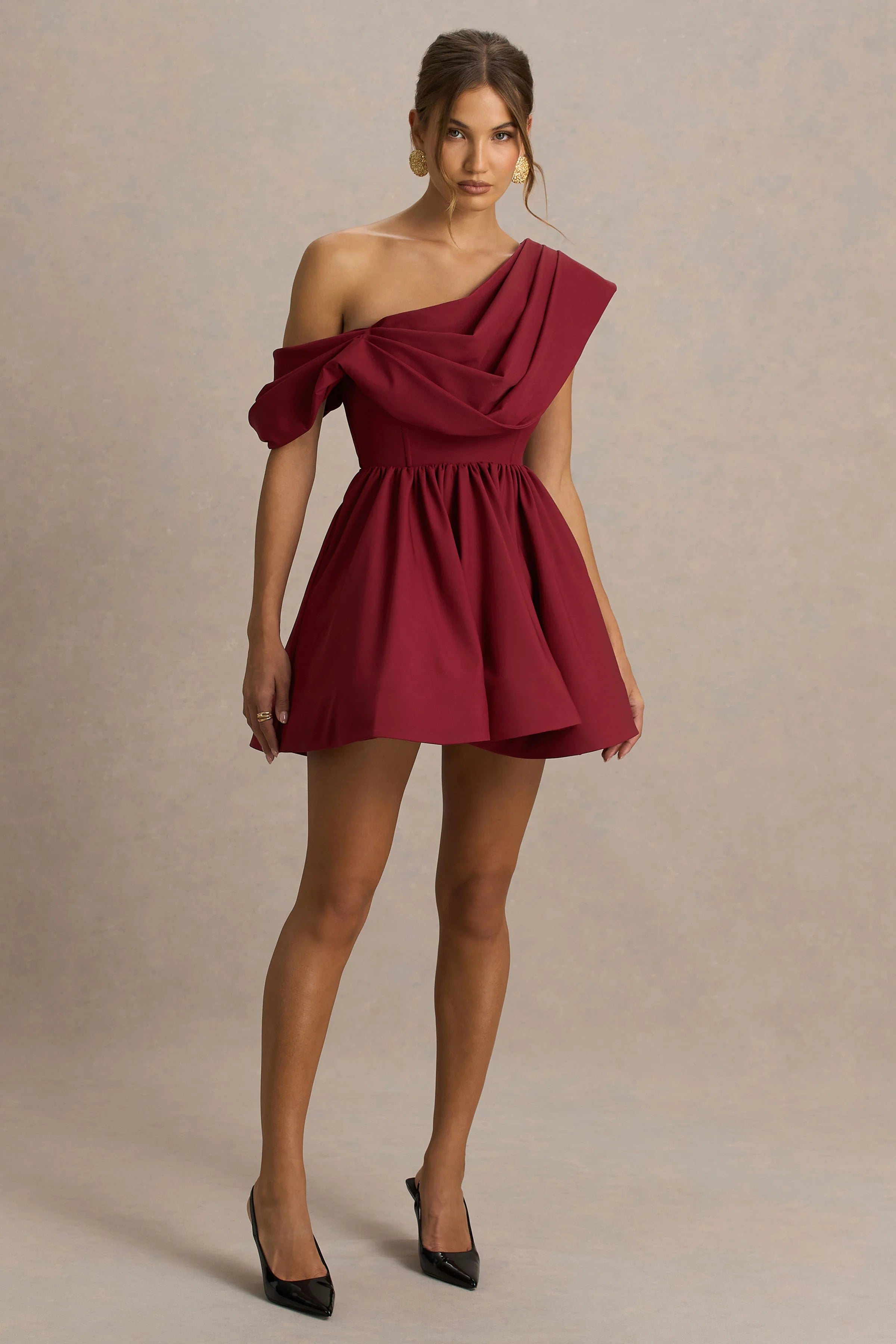 Verona | Burgundy  Draped Asymmetric-Neck Skater Mini Dress