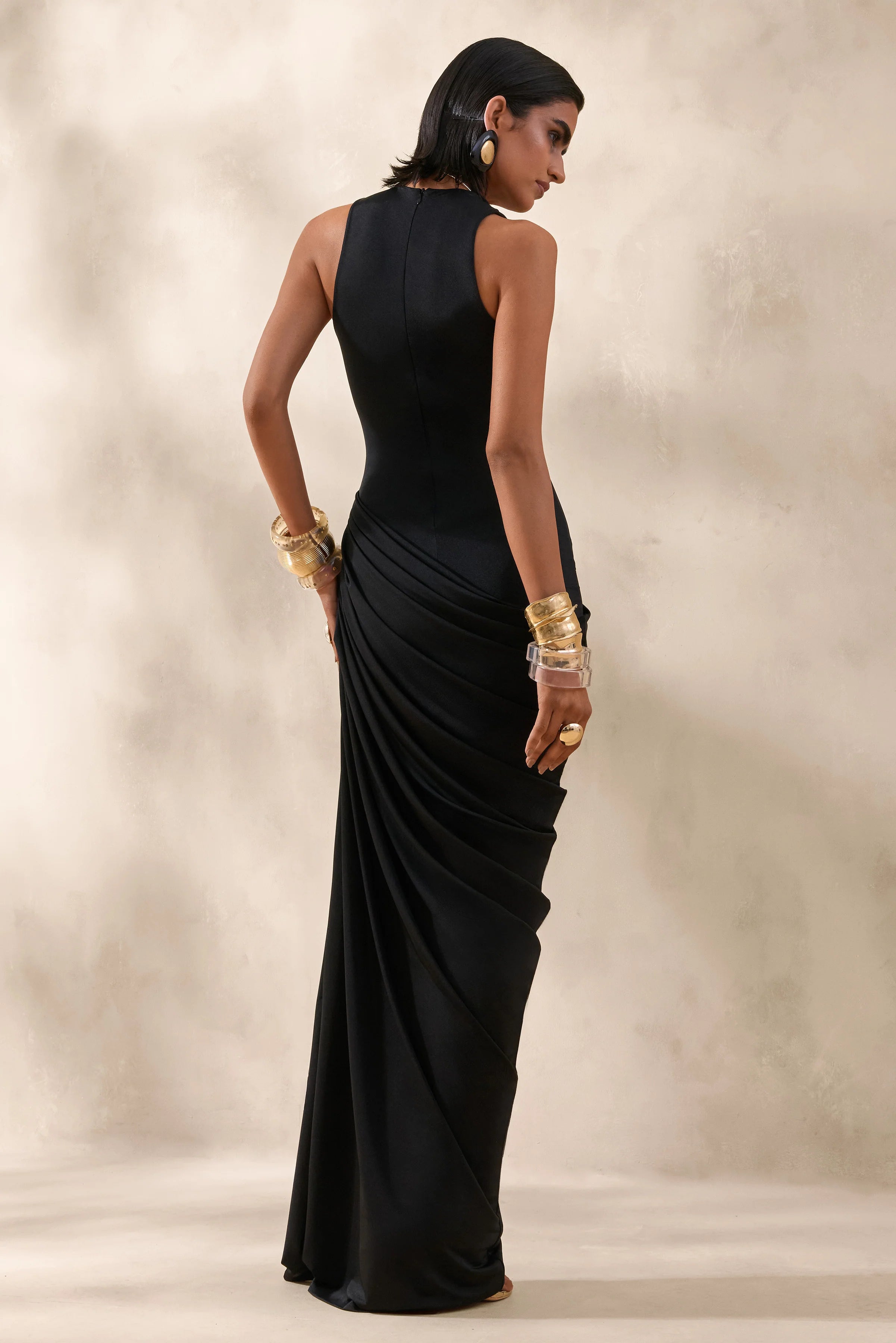 Mademoiselle | Black Cowl-Neck Maxi Dress With Draped Detailing