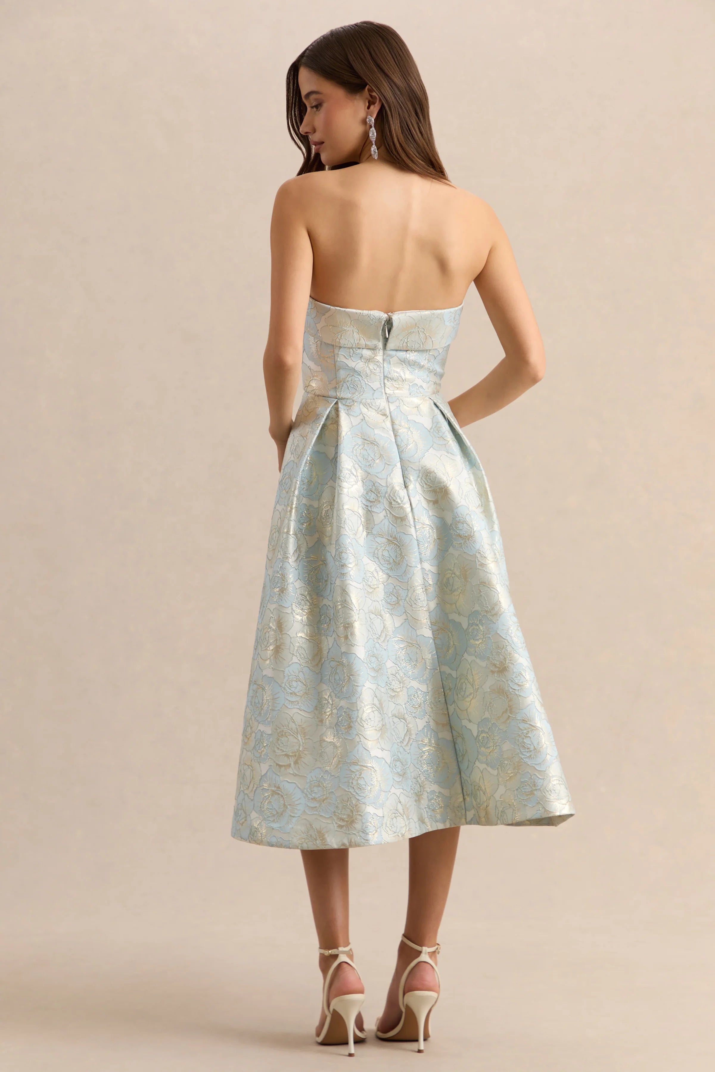 Tori | Powder Blue Jacquard Bandeau Skater Midi Dress