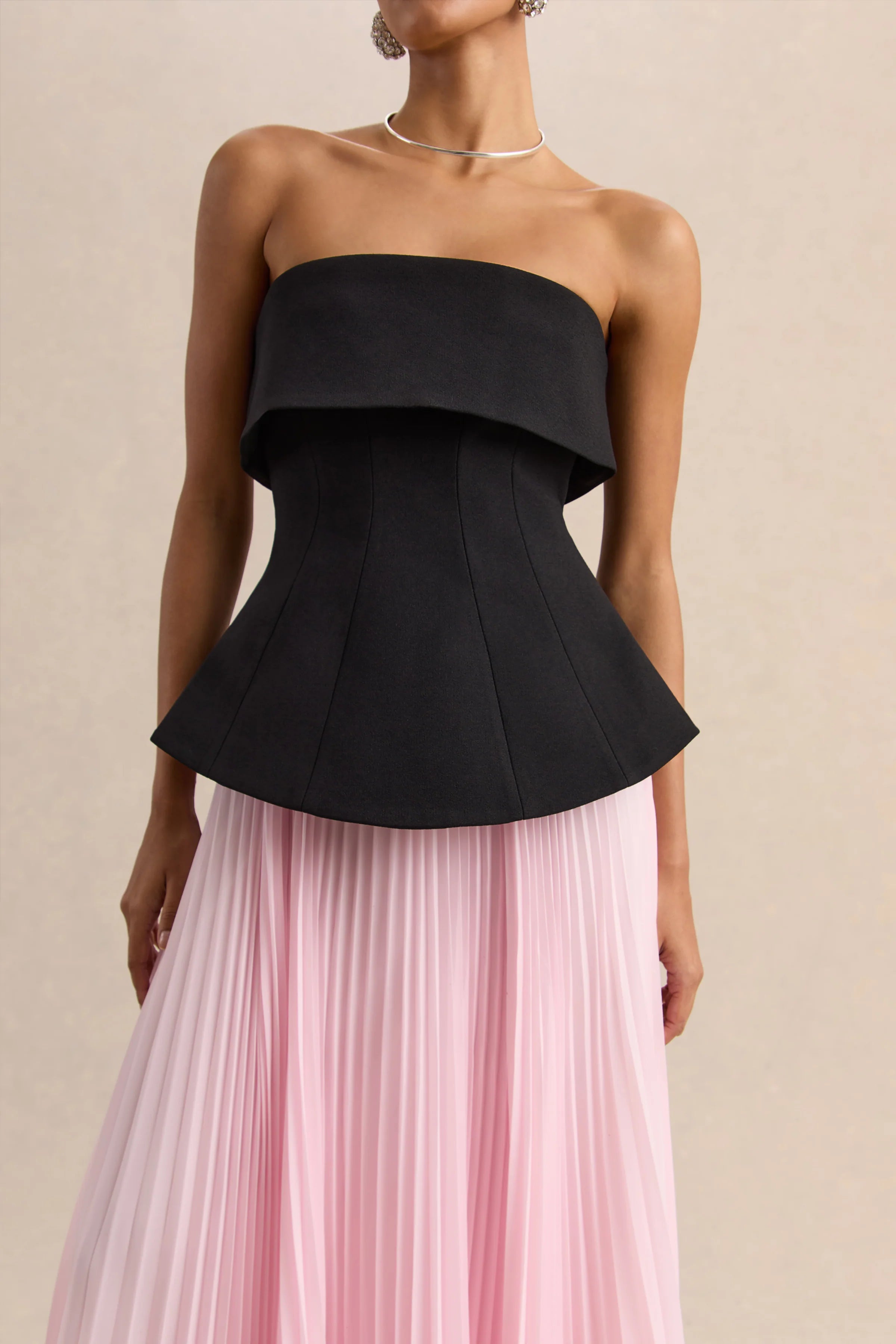 Stellara | Black & Pink Bandeau Corset Maxi Dress With Sheer Skirt