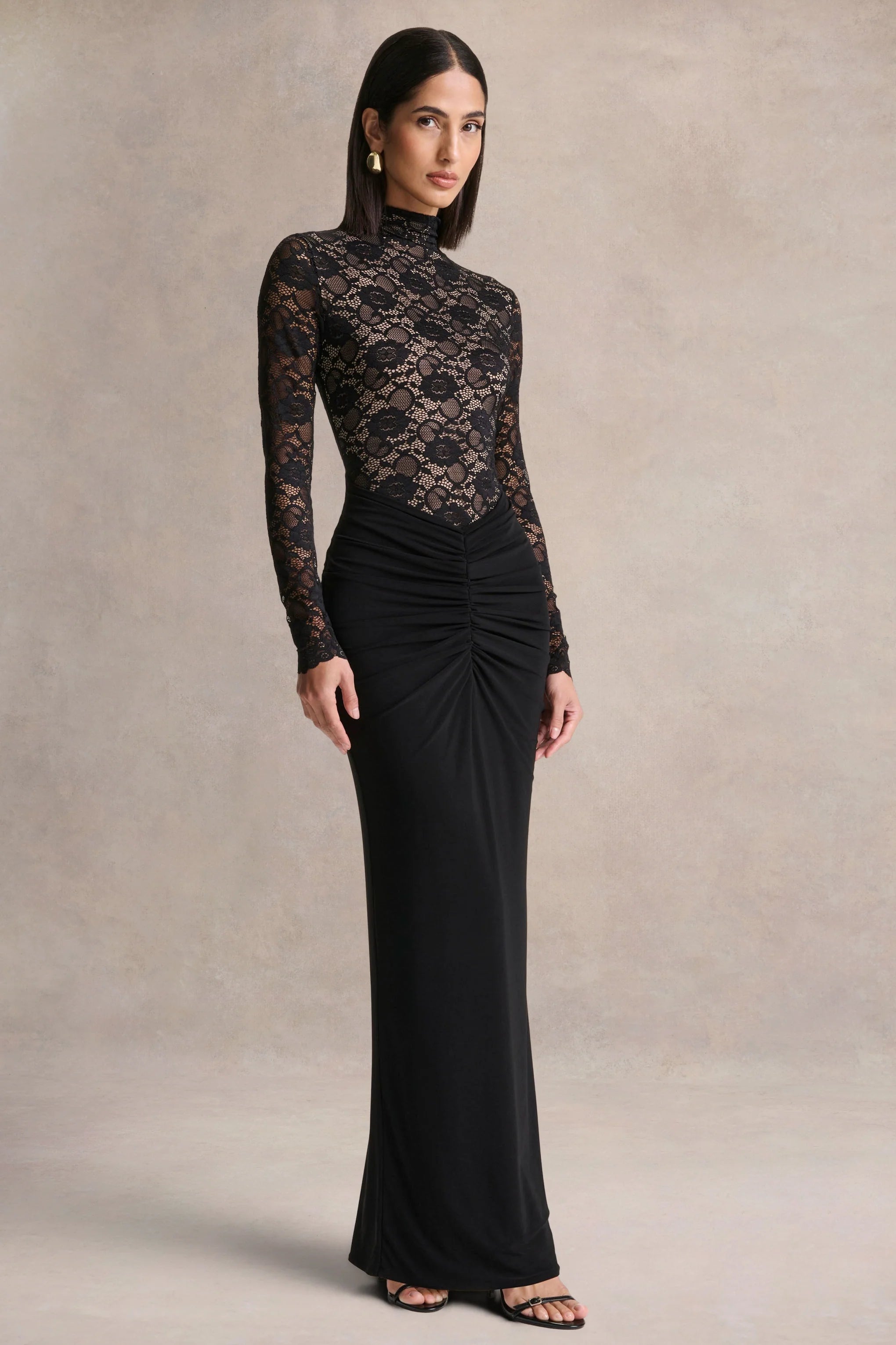 Justina | Black High-Neck Maxi Dress With Gathered-Detailing
