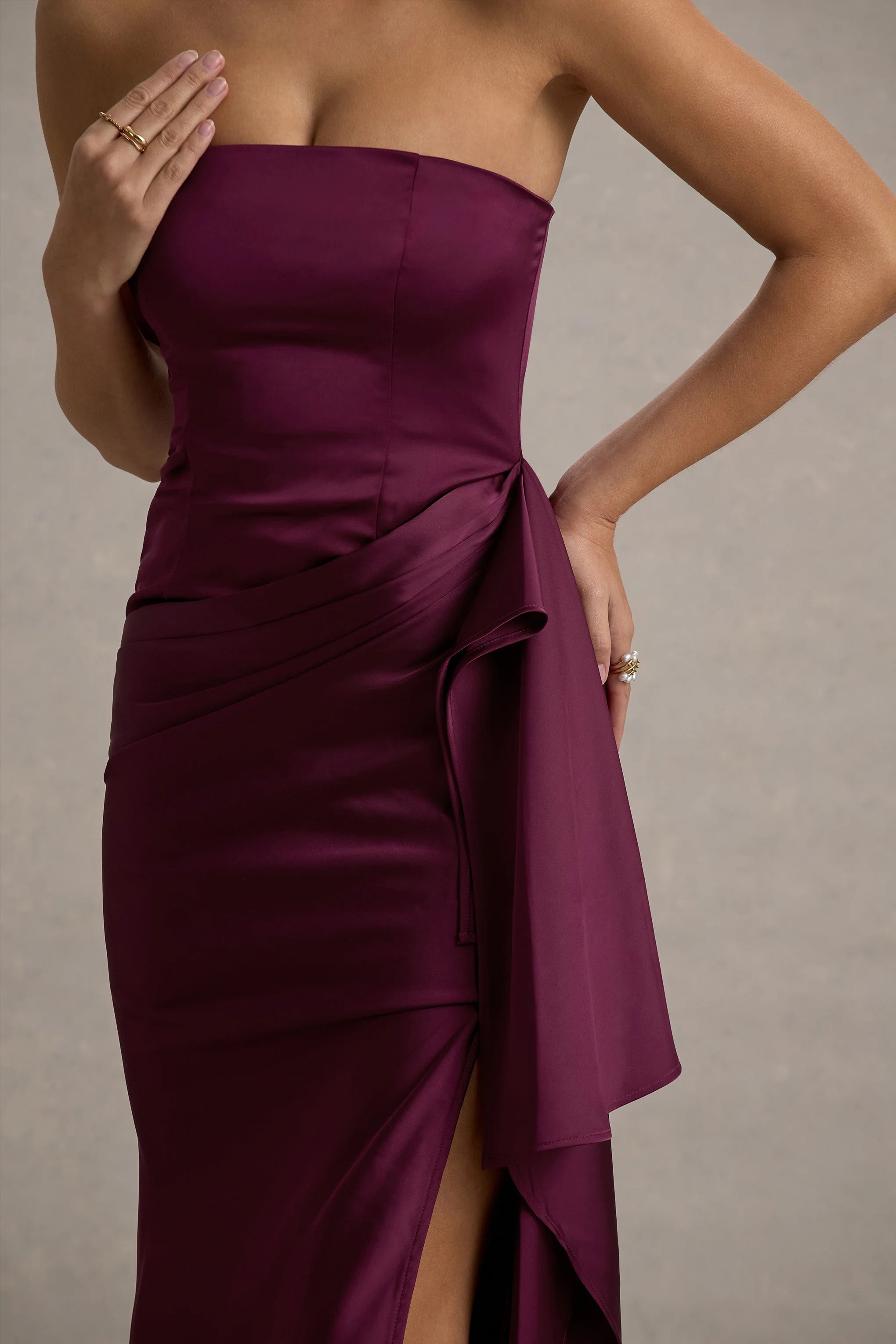Loz | Burgundy Satin Bandeau Draped Maxi Dress