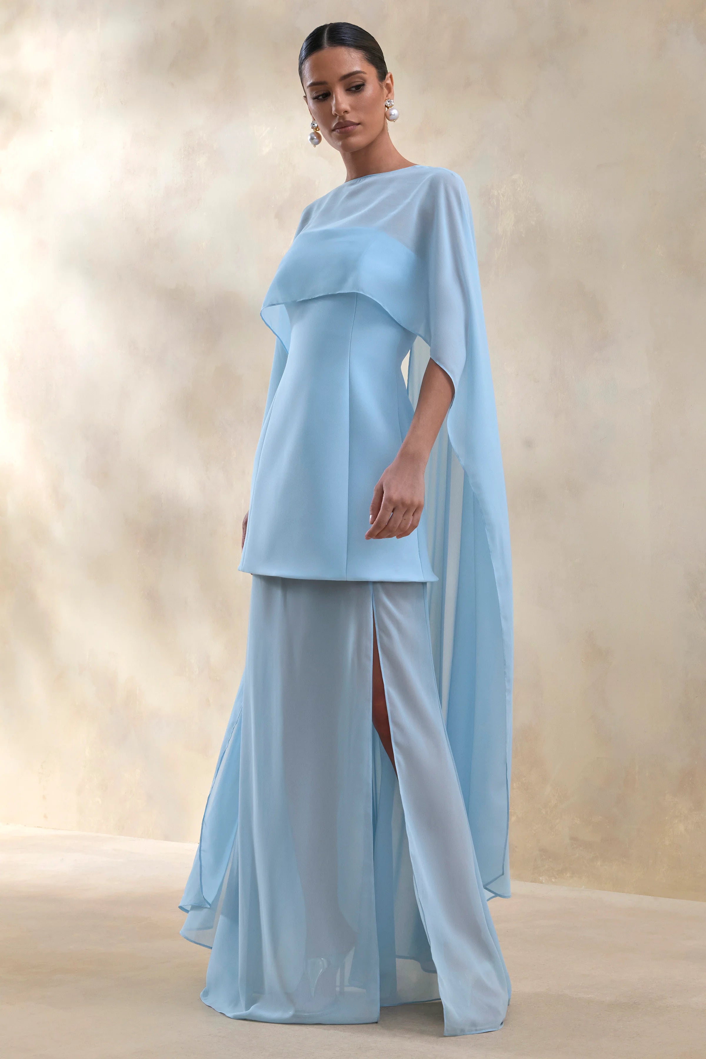 Chessa | Powder Blue Boat-Neck Maxi Dress With Sheer Cape