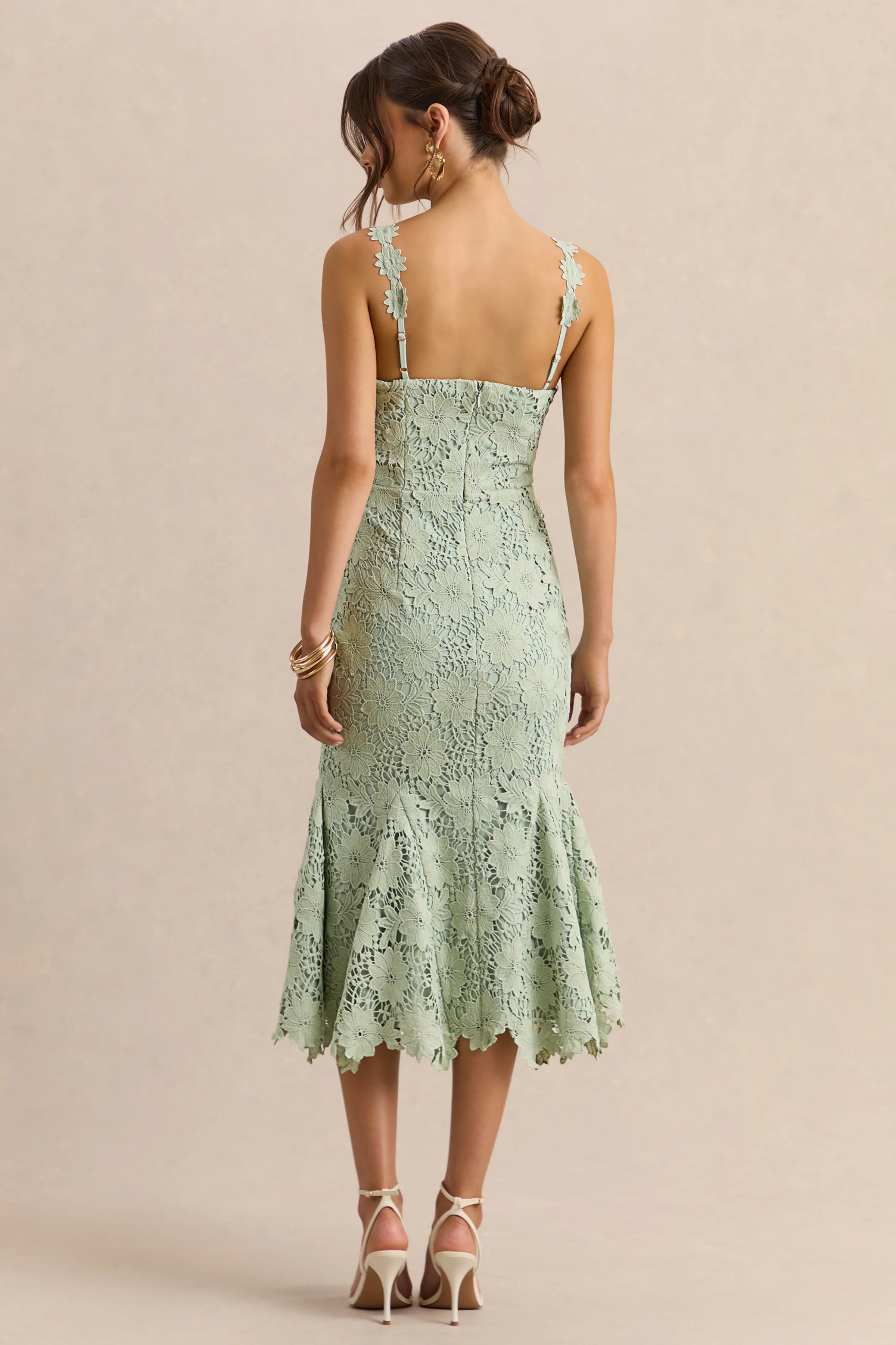 Melia | Sage Lace Scoop-Neck Midi Dress