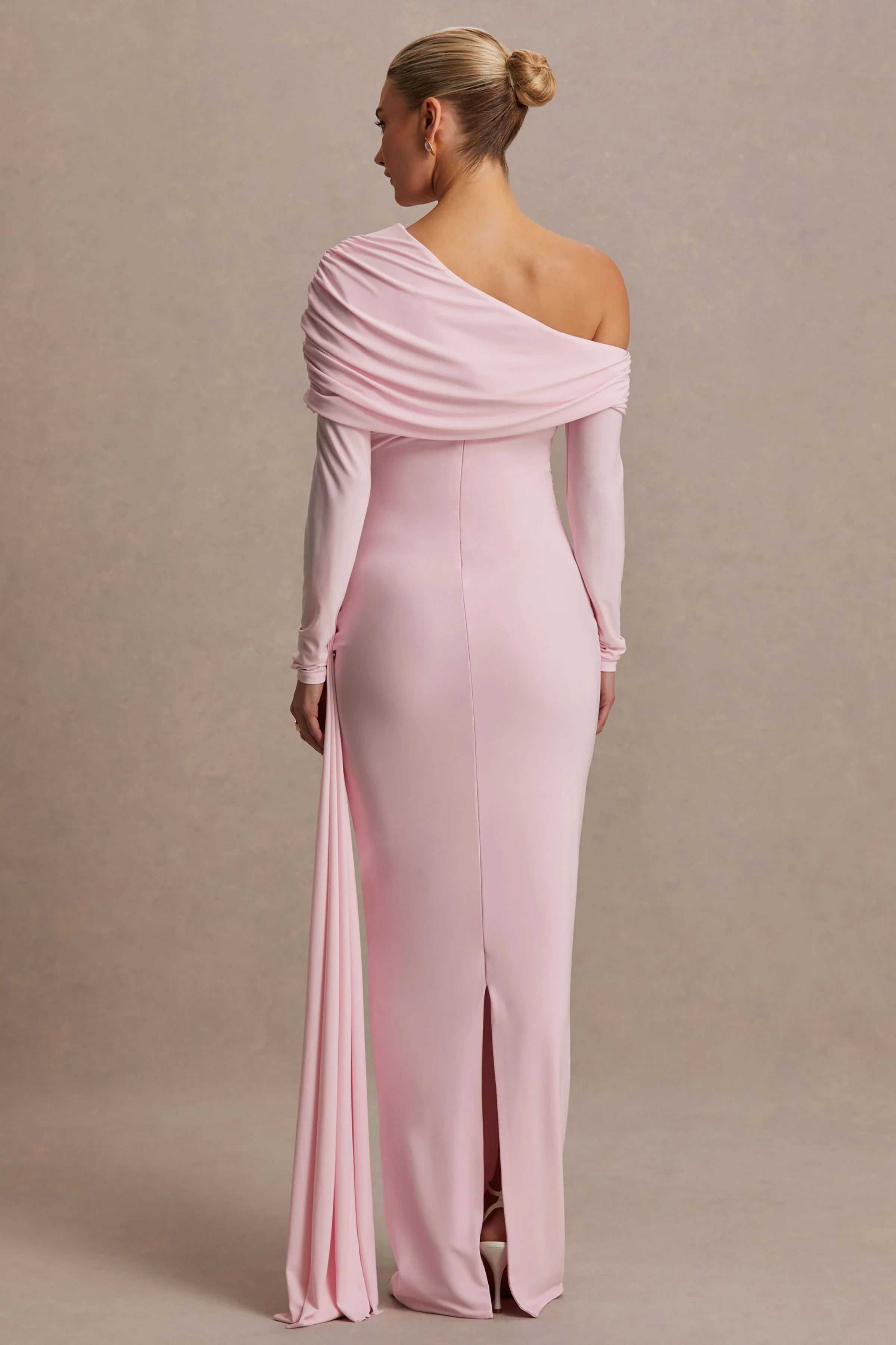 Amara | Blush Pink Asymmetric-Neck Maternity Maxi Dress With Sash Detail