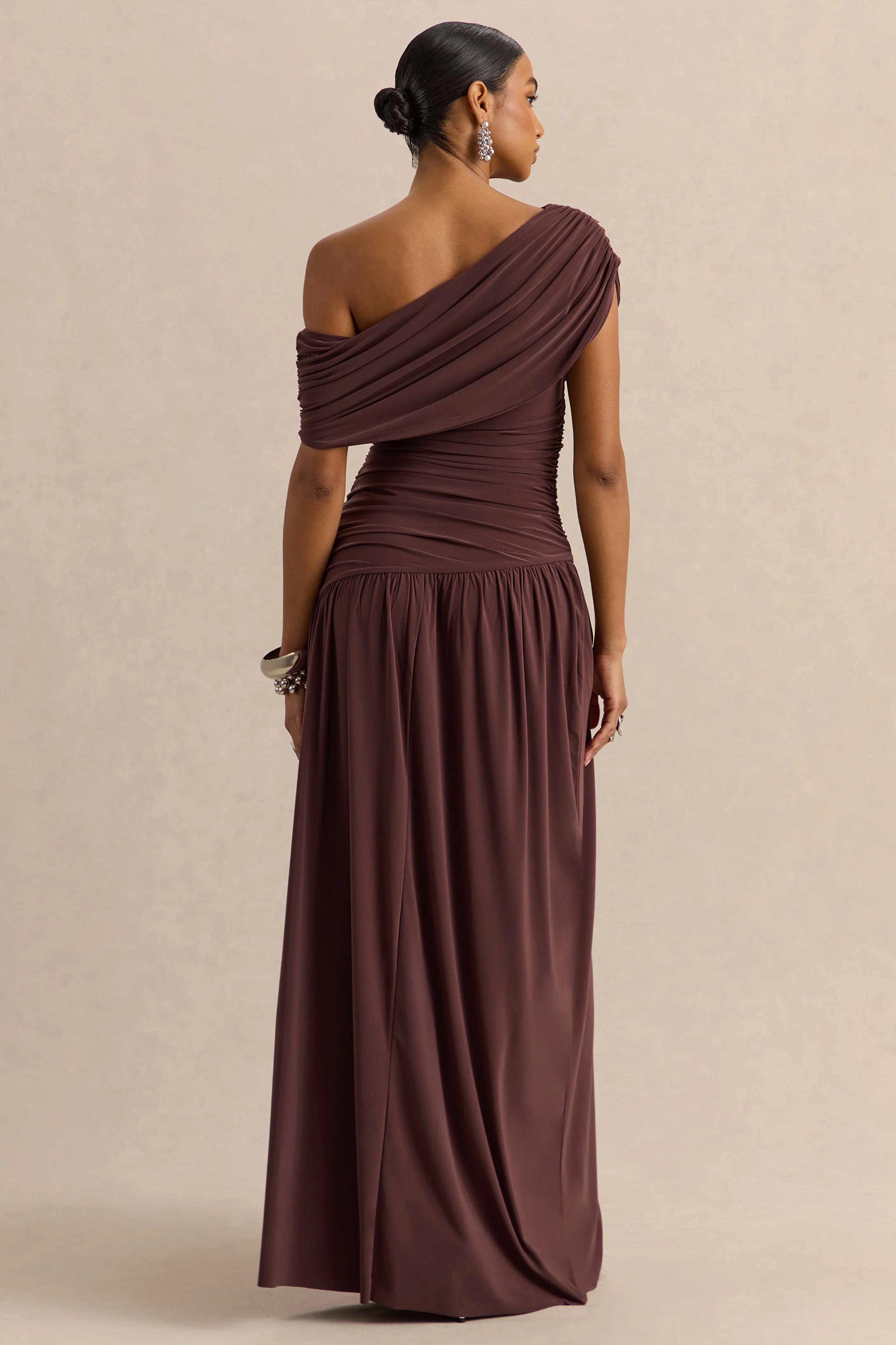 Emberly | Brown Draped Asymmetric-Neck Maxi Dress With Drop-Waist
