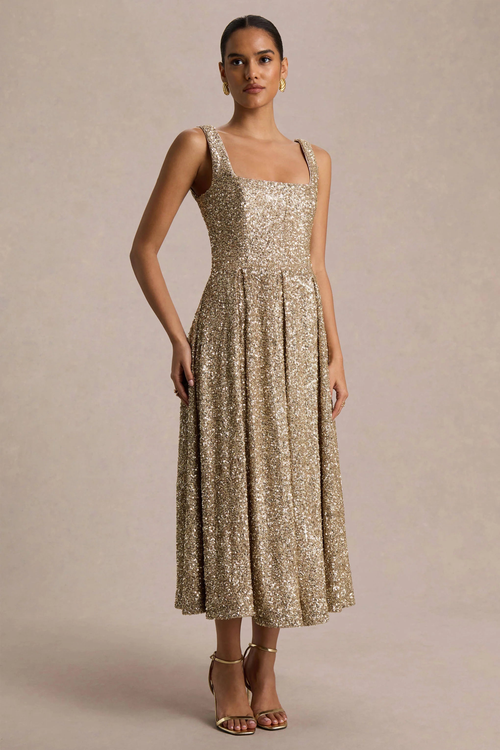 Lima | Champagne Sequin Square-Neck A-Line Midi Dress