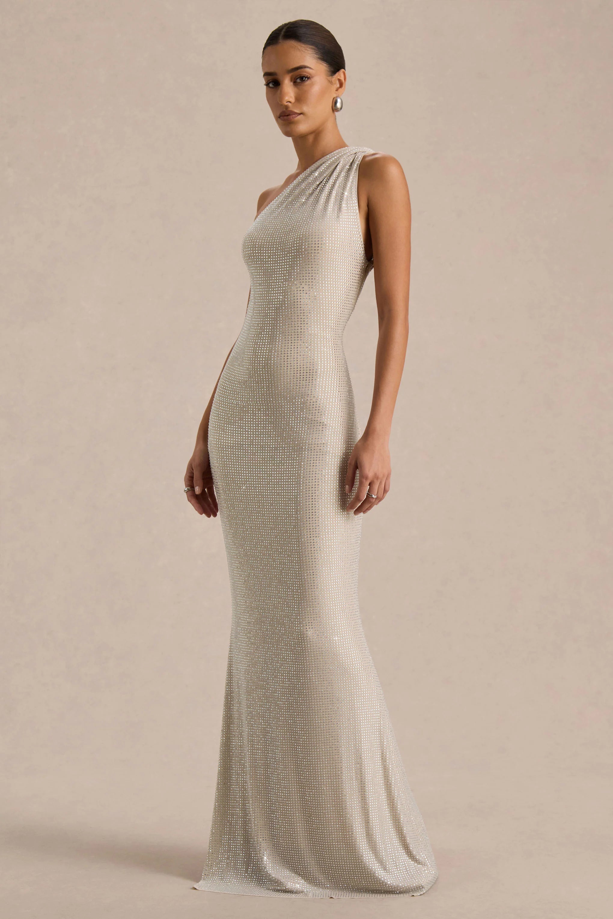 Deity | Silver Asymmetric-Neck Maxi Dress With Open-Back
