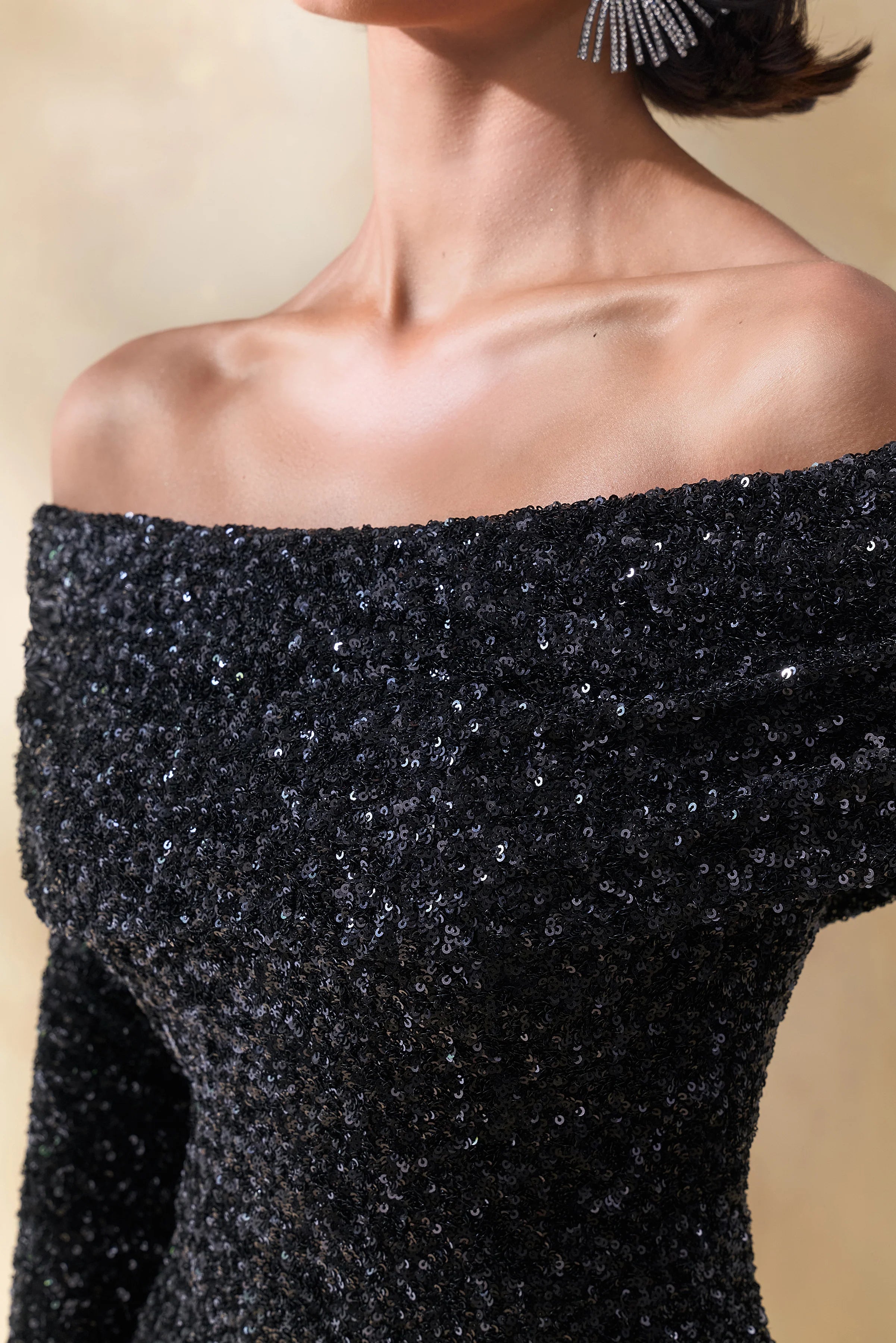Obsession | Black Sequin Bardot-Neck Maxi Dress With Long Sleeves